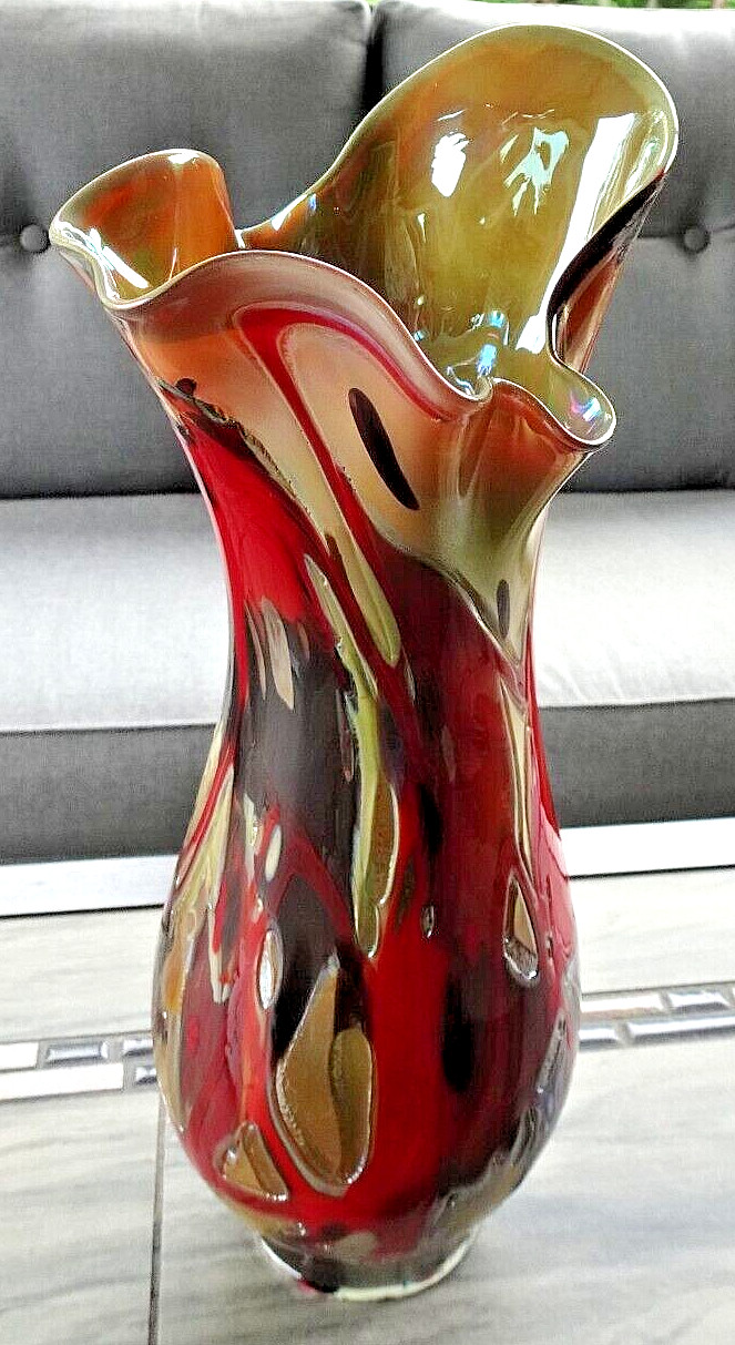 Signed Sy Dowling 14.5″ Freeform Studio Art Glass “Flambe” Vase 2014