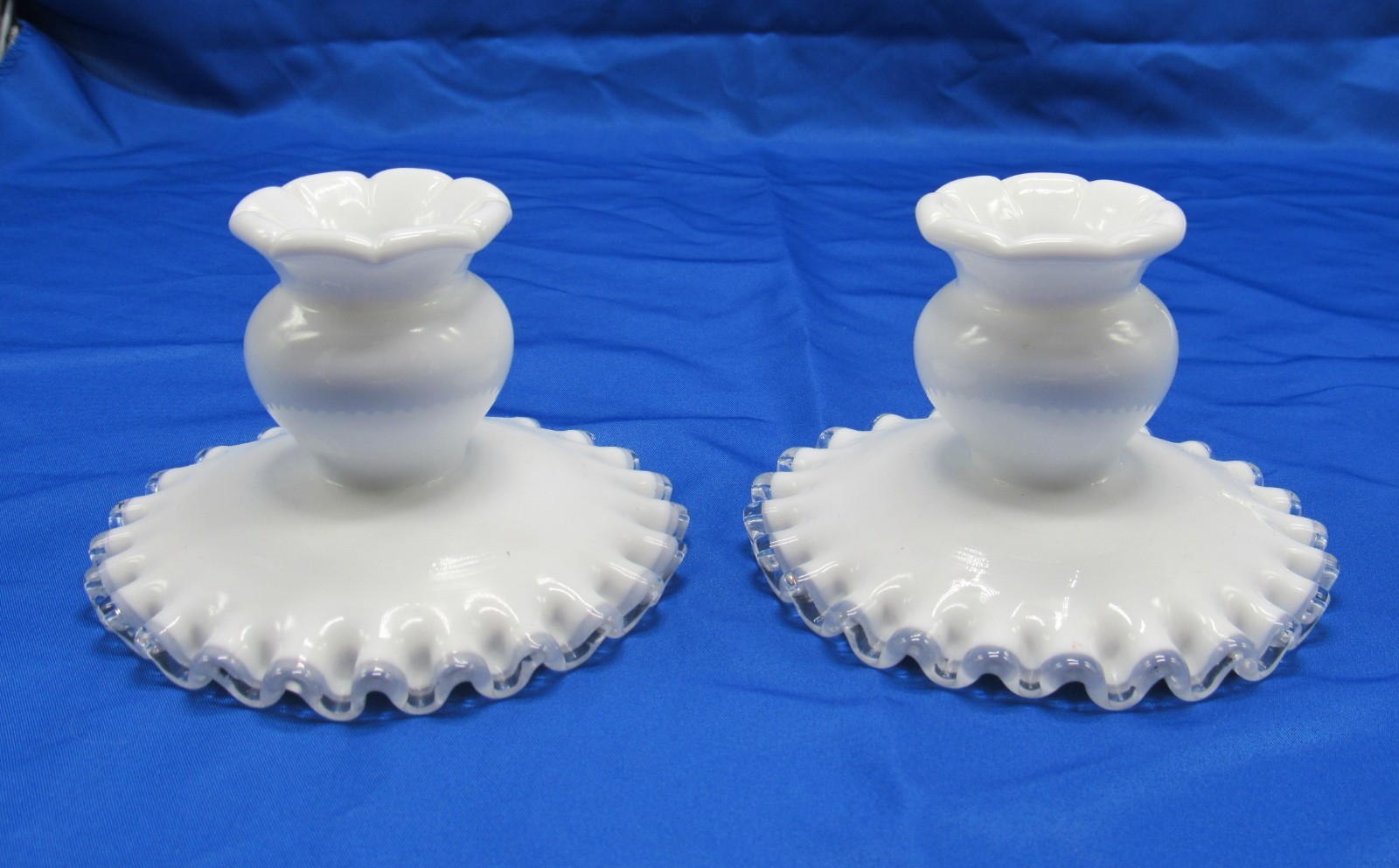 VTG Pair Fenton Silver Crest Candle Holders – Multi Purpose – White Milk Glass