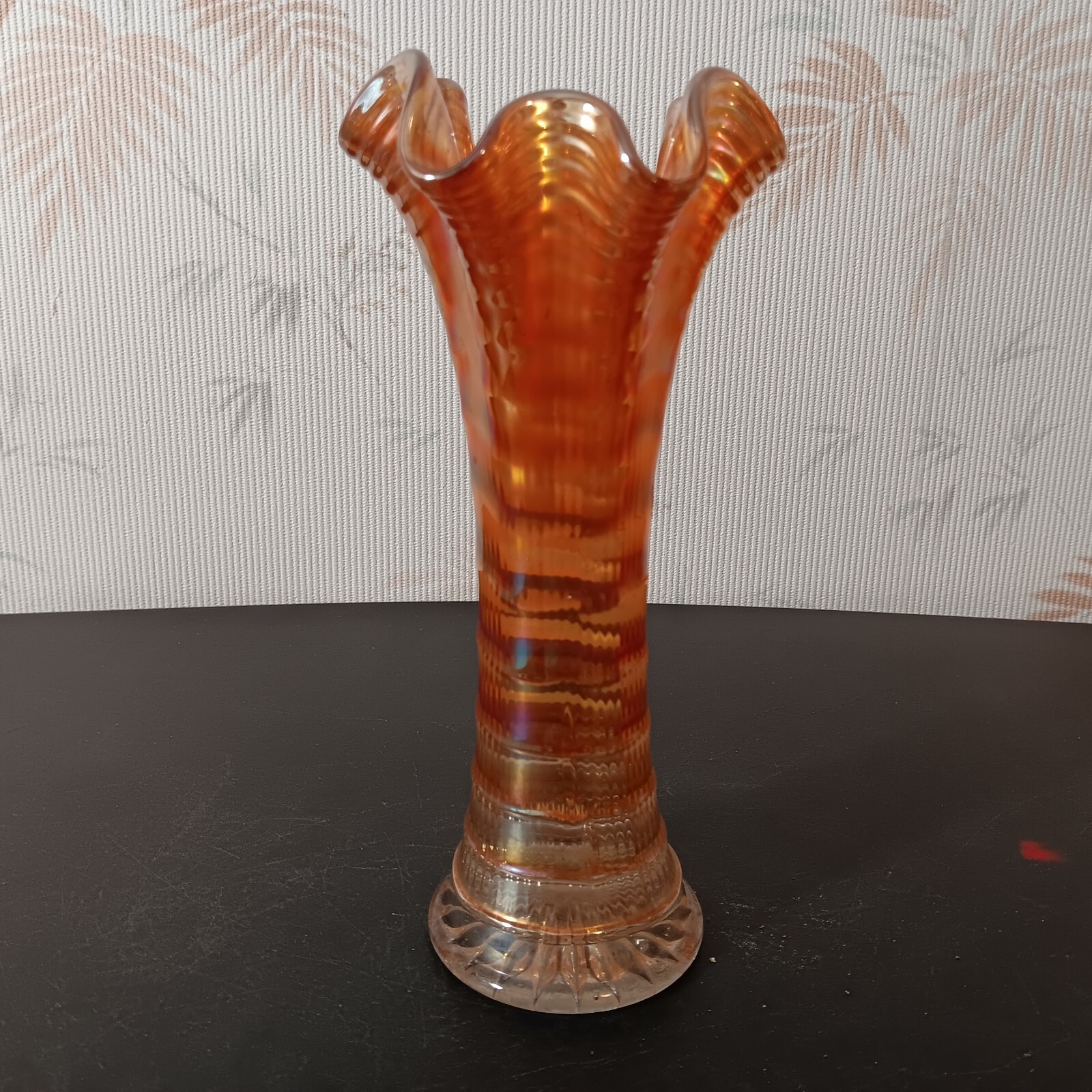 Vintage Imperial Ribbed, Swung, Marigold Carnival Glass 8 3/4″ Vase