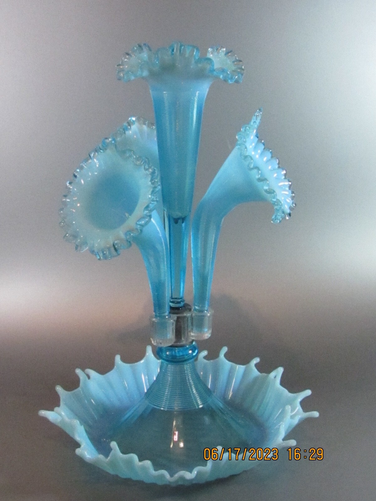 Vintage Mold Blown Ribbed Opalescent Blue Glass Fenton Large Epergne Four Horn