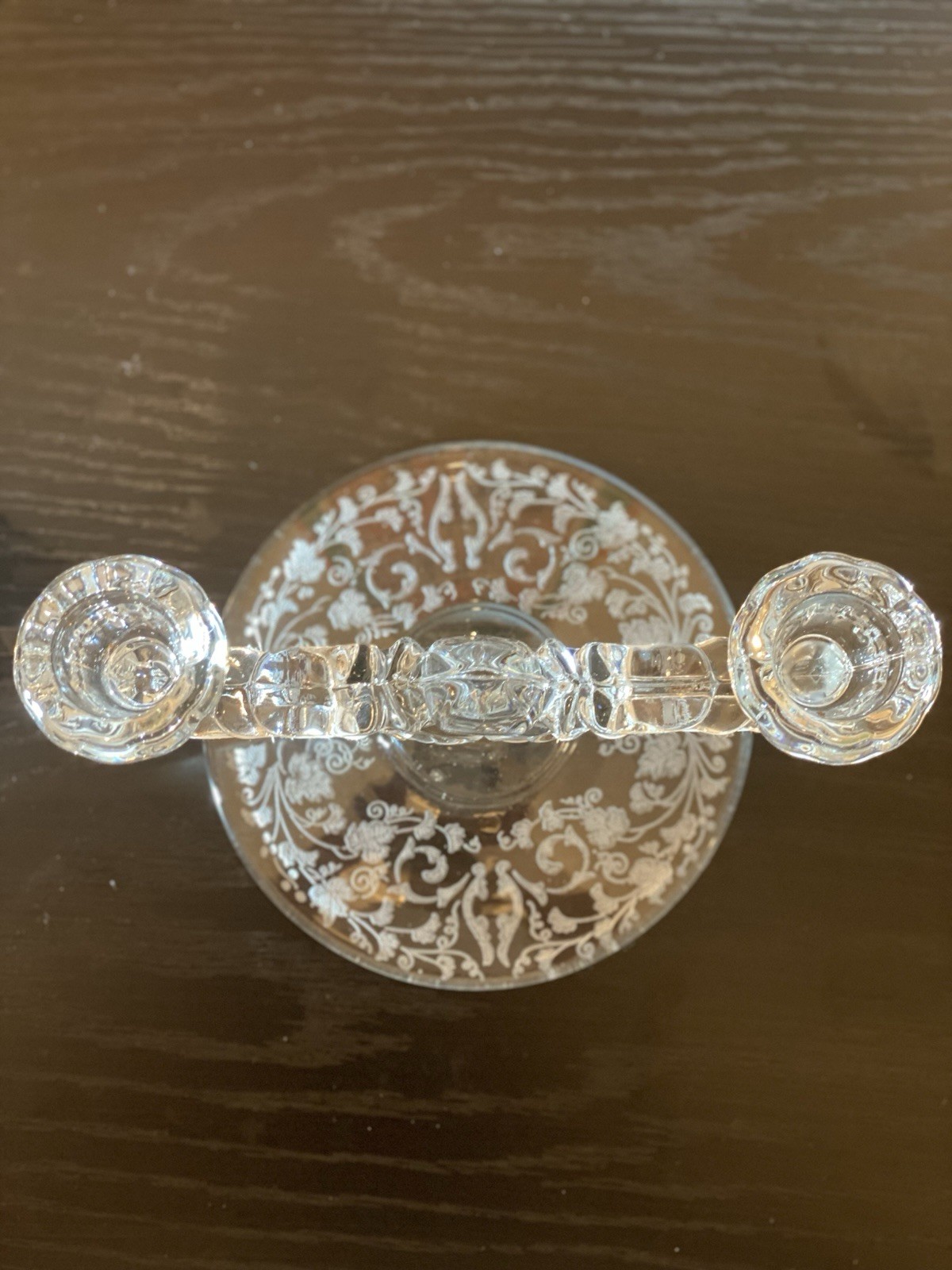 Pair Vintage Clear Glass Double Arm Candle Holders Etched Floral Base Elegant