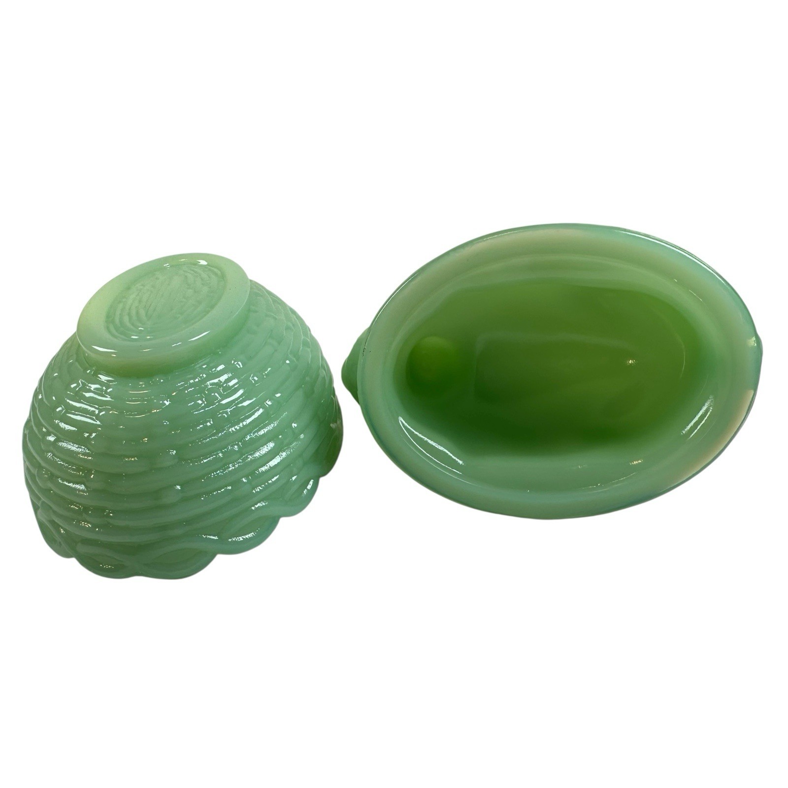 Mosser Milk Glass Bunny Rabbit On A Basket Nest Jadeite Green Covered Dish USA
