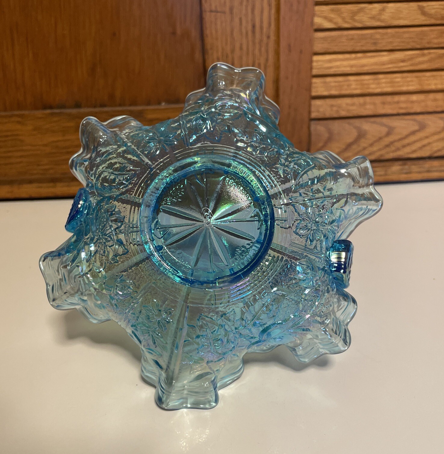 FENTON Opalescent Celeste Blue Carnival Peacock & Dahlia Twisted Handle Basket