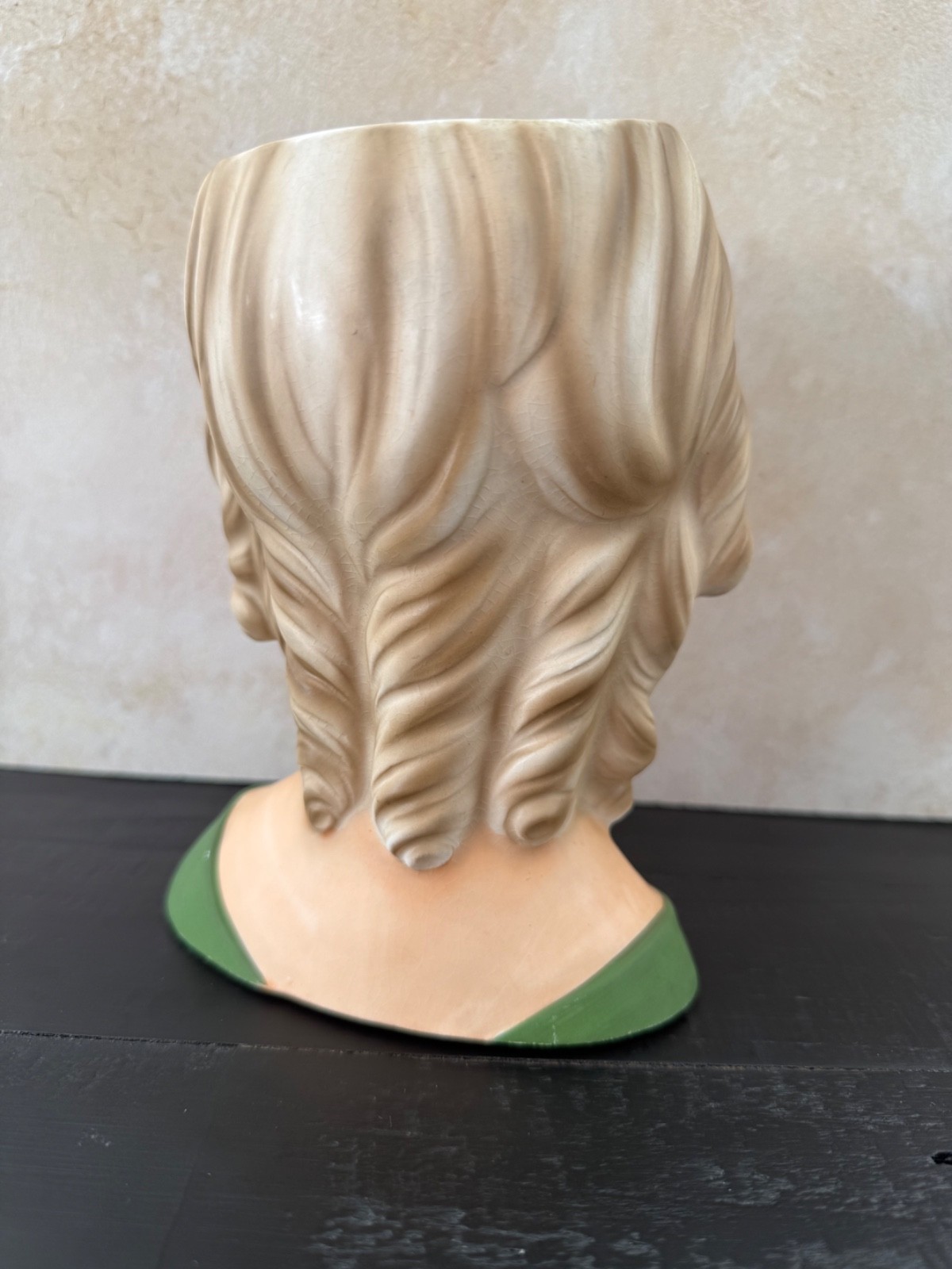VINTAGE LADY HEAD VASE INARCO BLONDE HEART NECKLACE GREEN/YELLOW 7”