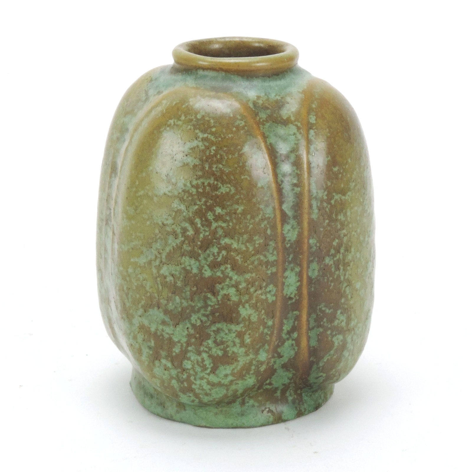 Chicago Crucible green brown mottled glaze 4 7/8″ lobed form vase arts & crafts