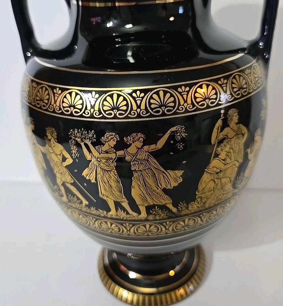 Vtg 8.5″ SPYROPOULOS Pottery Ancient Grecian Style Greek Vase Black & 24 K Gold