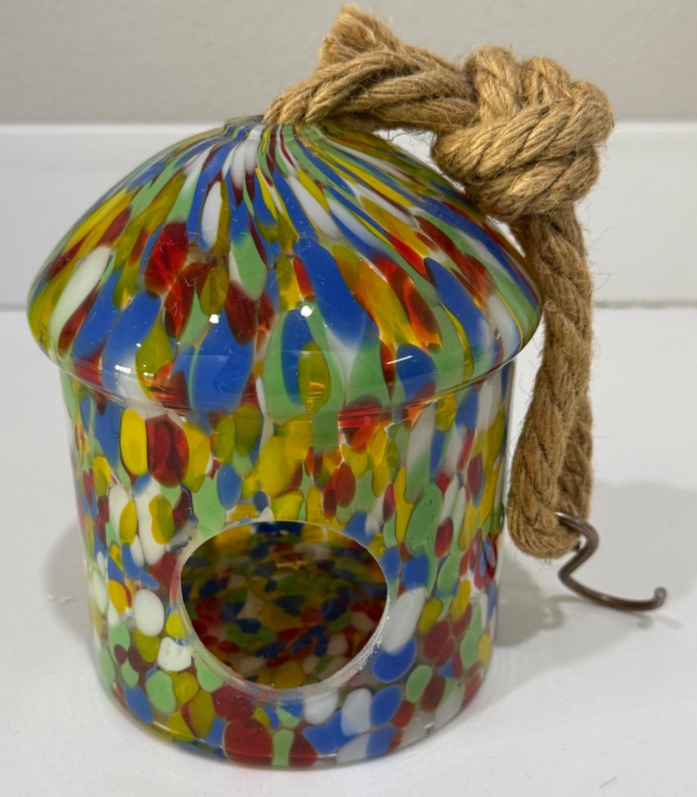 Hand Blown Multi Colored Glass Hanging Birdhouse with Rope & Hook Attachment
