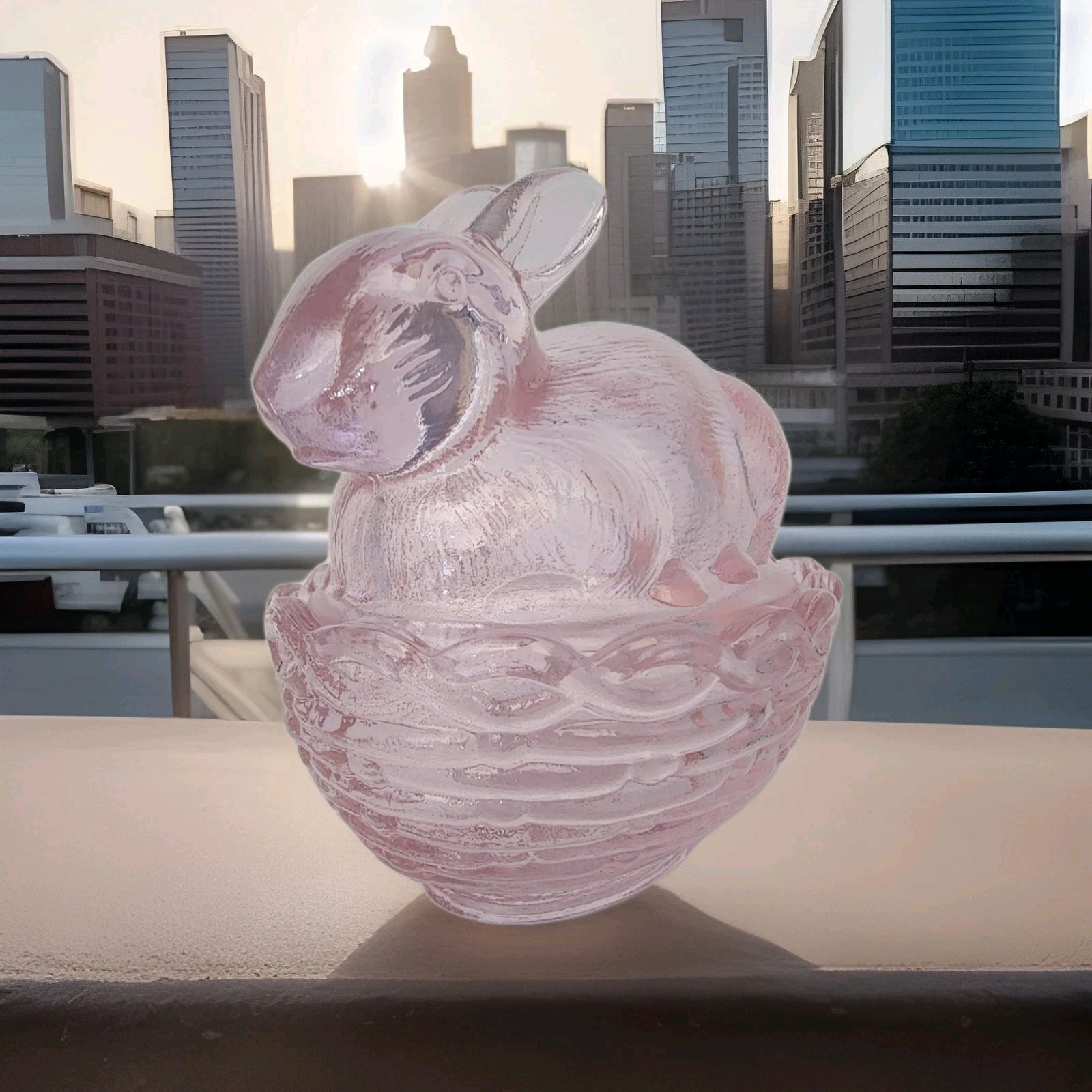 Bunny on Basket Mosser Glass W/ Logo Covered Dish Passion Pink 4″