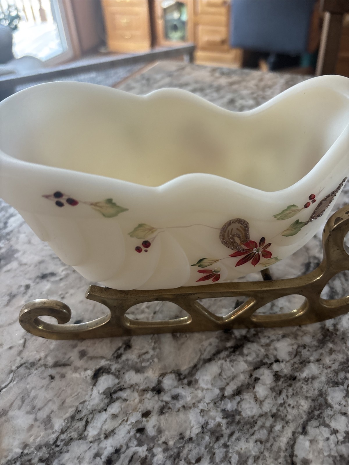 Fenton Art Glass Hand painted Sleigh With Brass Base