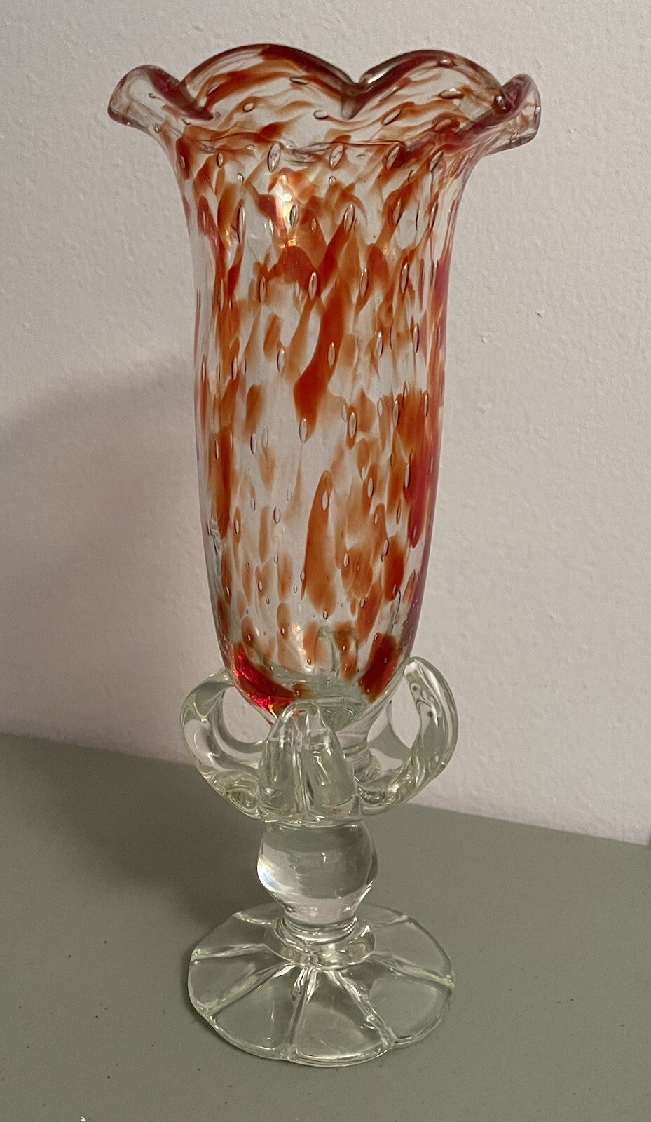 Hand Blown Glass Vase Red/Clear Scalloped Top Rare Find EUC