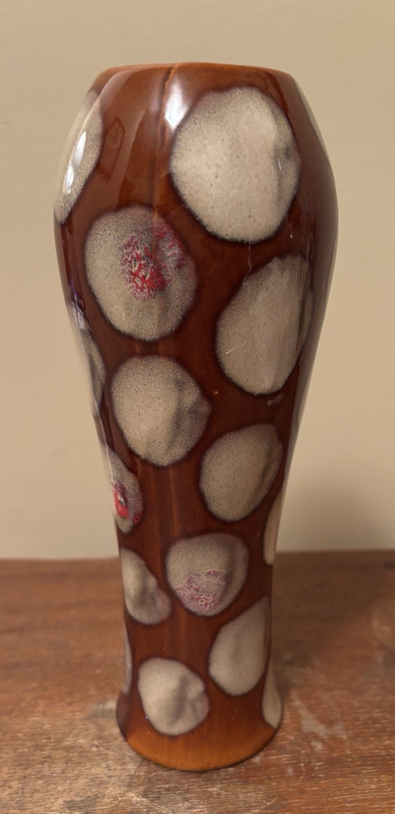 Vintage Spotted Glossy Glazed Pottery Vase Brown Beige Red Unique 8.25” tall