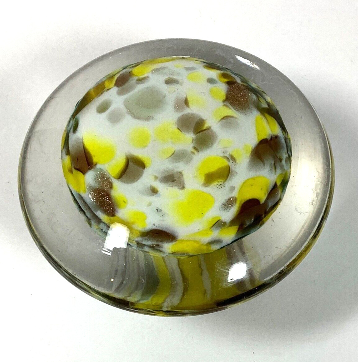 Yellow White &Brown Swirl Glass Mushroom Paperweight 3” Possibly Murano