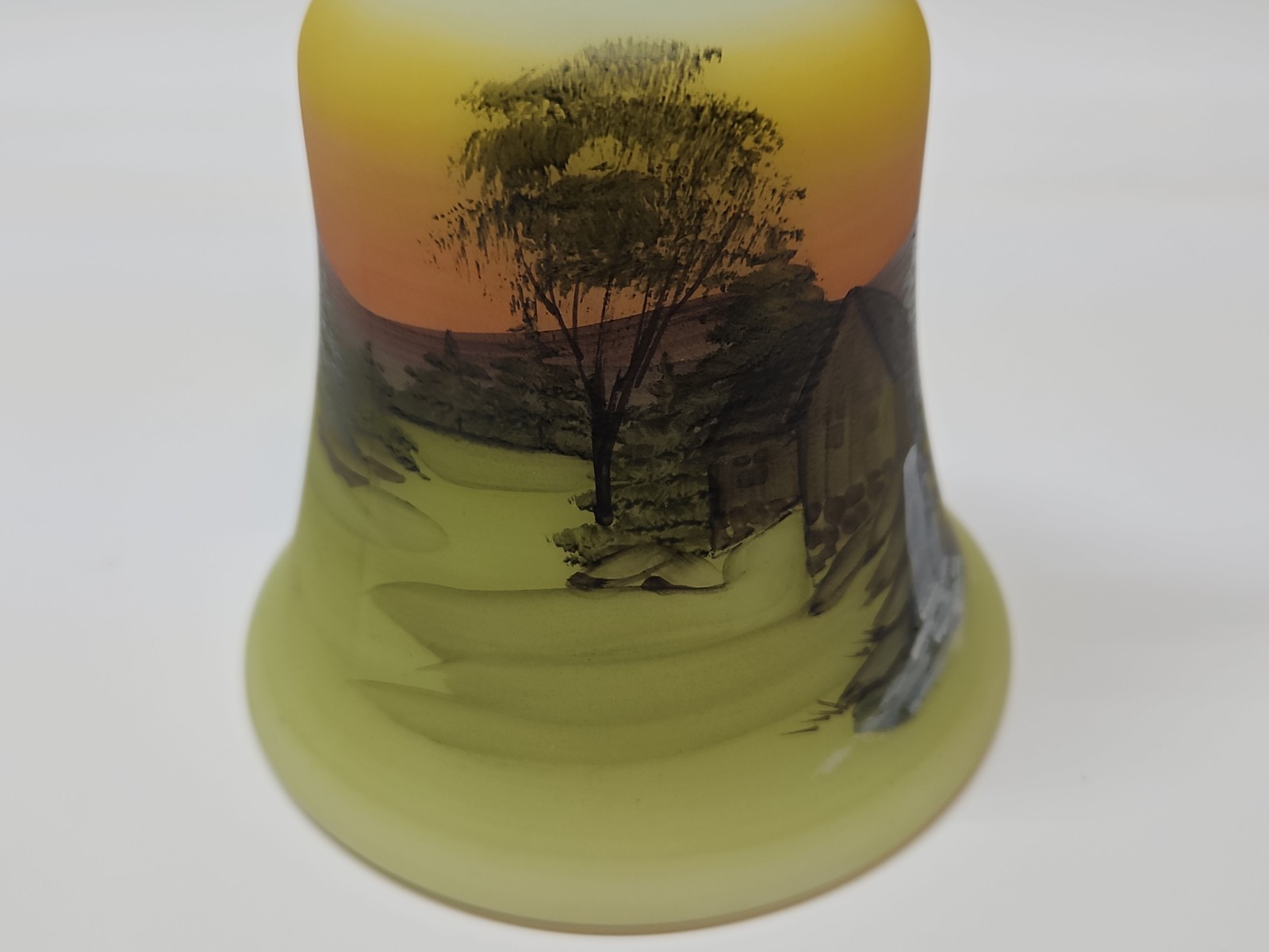 Fenton Uranium Glass Grist Mill Scene Bell Hand Painted By artist Gloria Finn