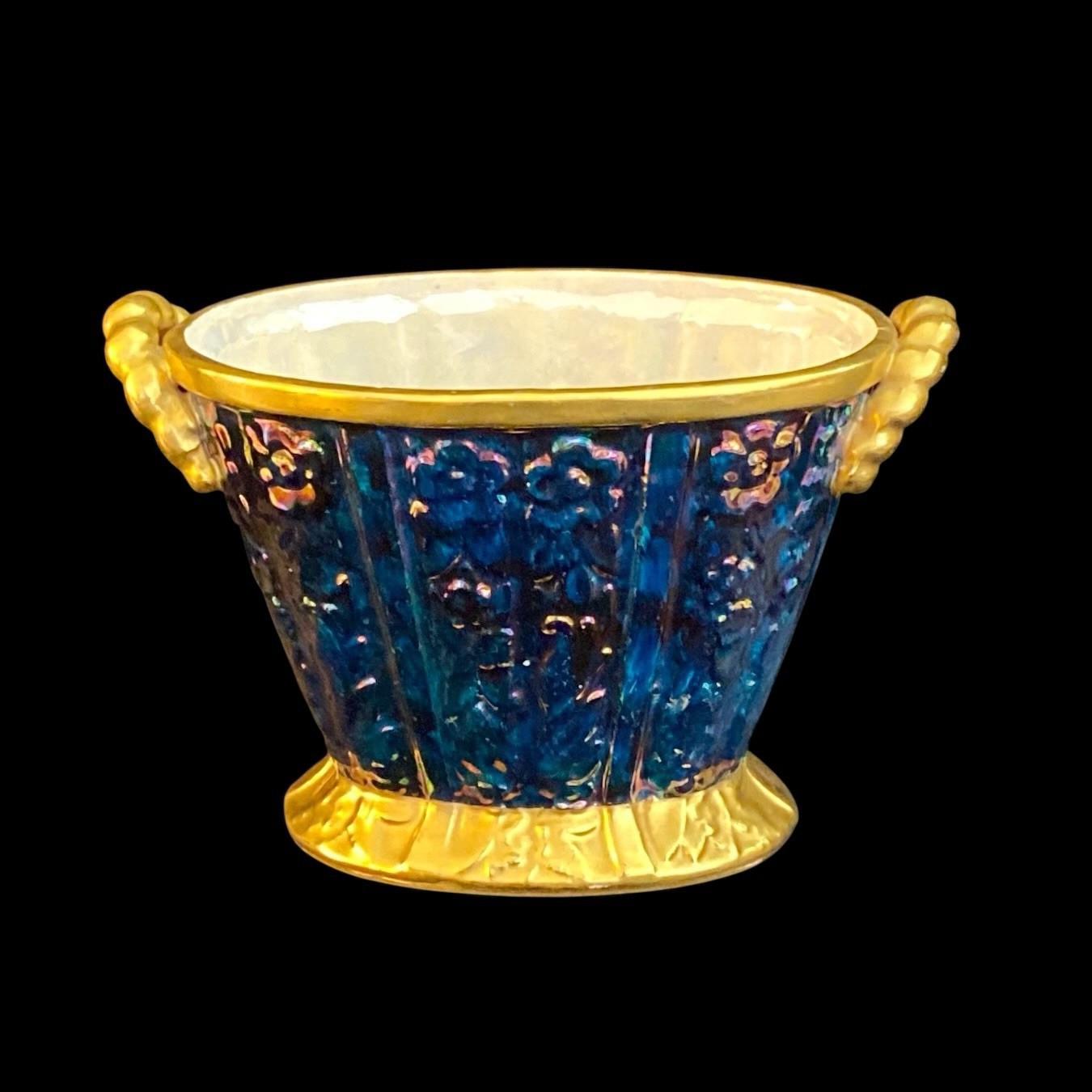 VTG Art Deco Blue Lusterware Porcelain Footed Jardiniere Gilt Mantle Vase 1937