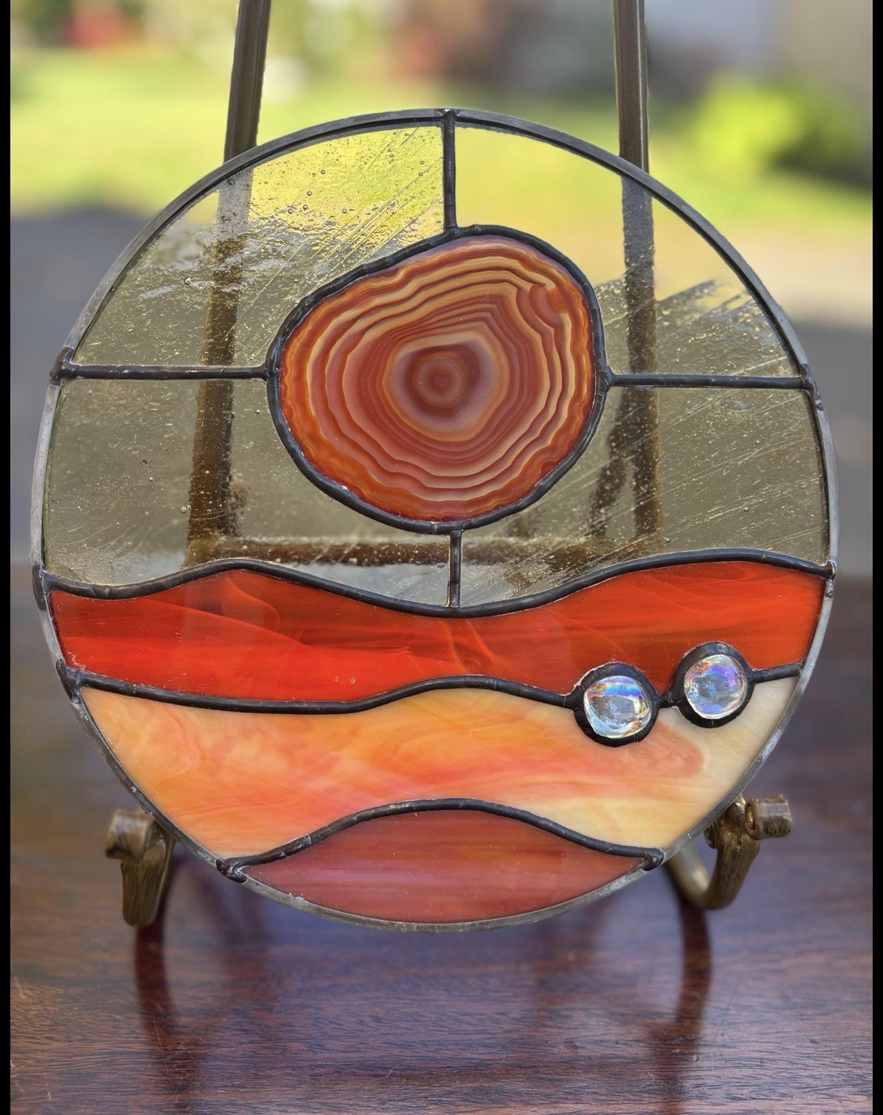 Handmade Stained Glass Circle with Agate Slice