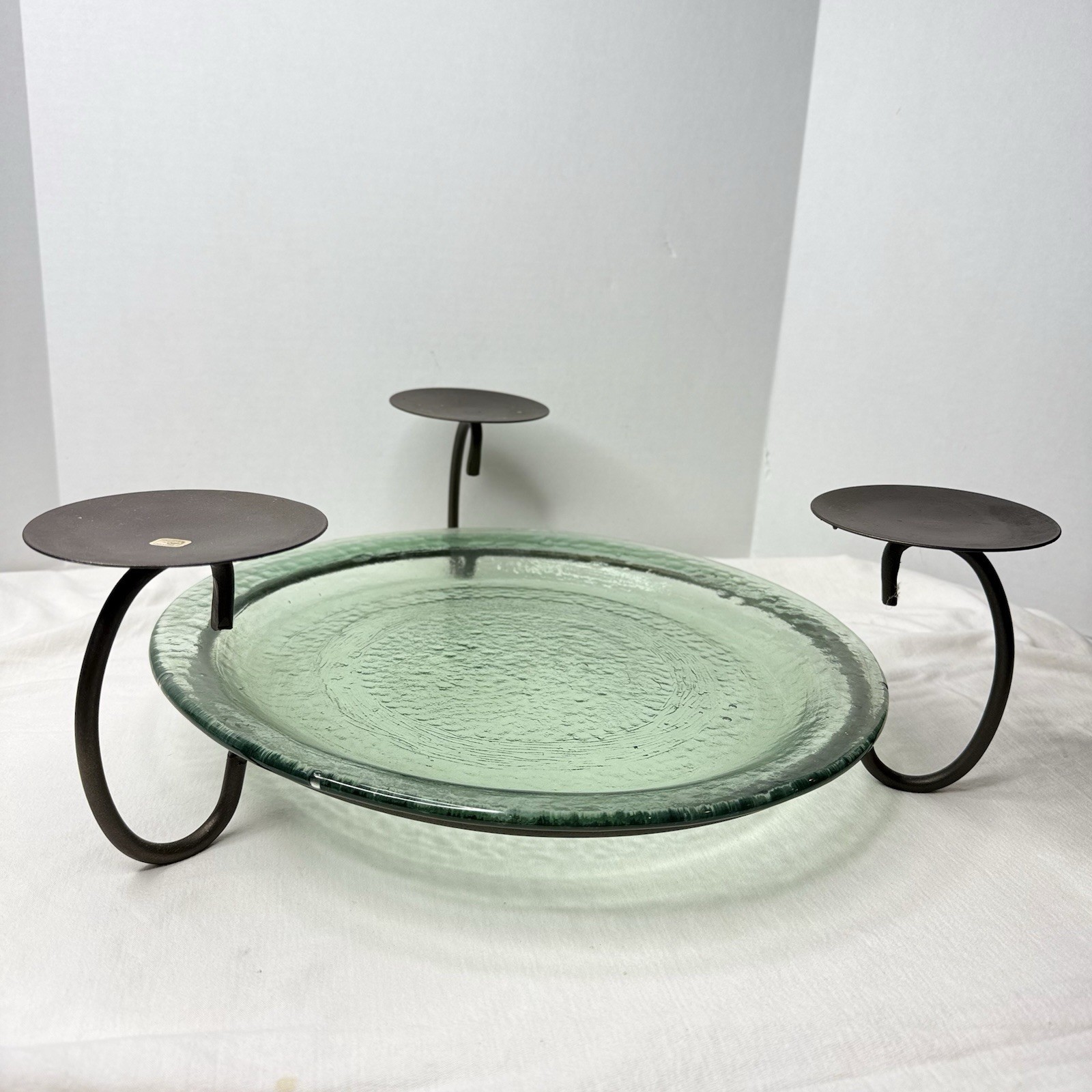 Tuscan Vintage 17″ Mexican Blown Green Glass Platter Iron Candle Centerpiece