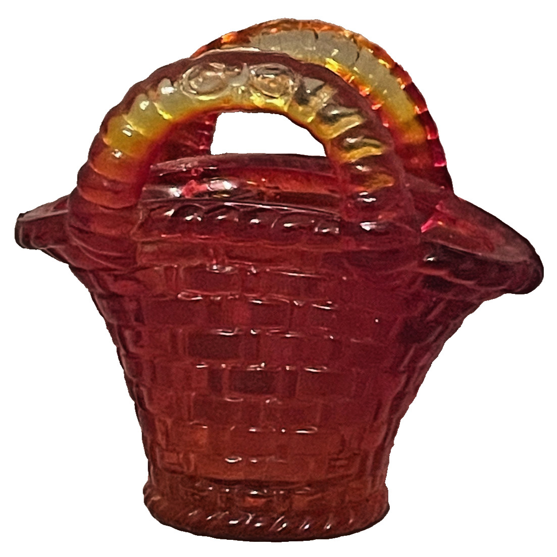Vintage L.E. Smith Amberina Red Glass Basket Double Handle Retro Glows 60s