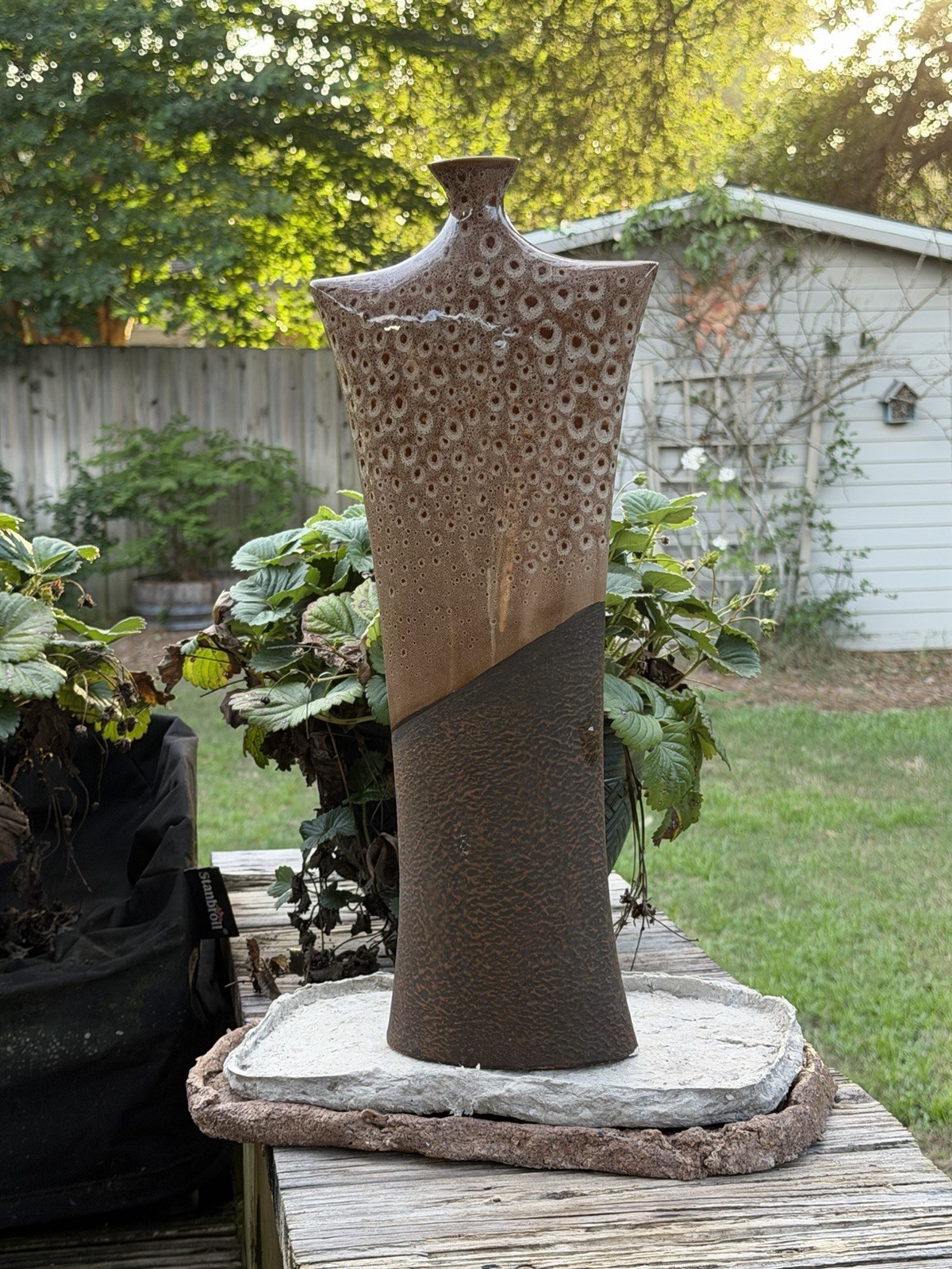 Large Studio Pottery Vase 20” Tall Brown Volcanic Lava Glaze MCM Floor Vase