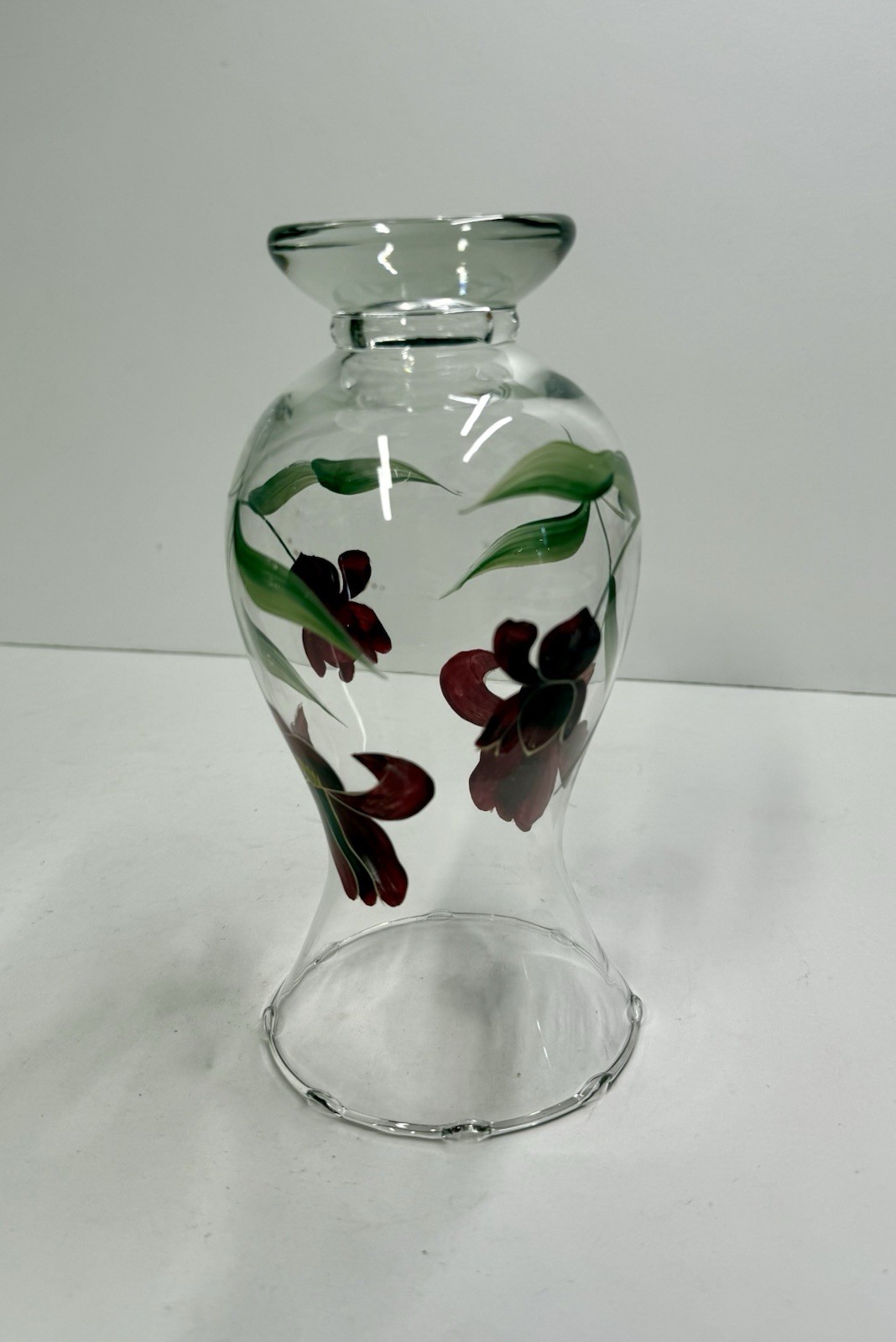 Gibson Art Glass LIANNA Hand Painted Purple Iris Flower Ruffled Edge Vase 8”