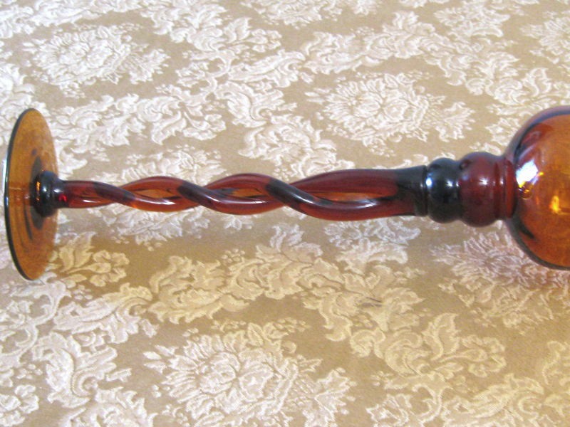 Vtg EMPOLI 15.75″ Tall AMBER ART GLASS TWISTED STEM CANDLE HOLDER Italy MCM