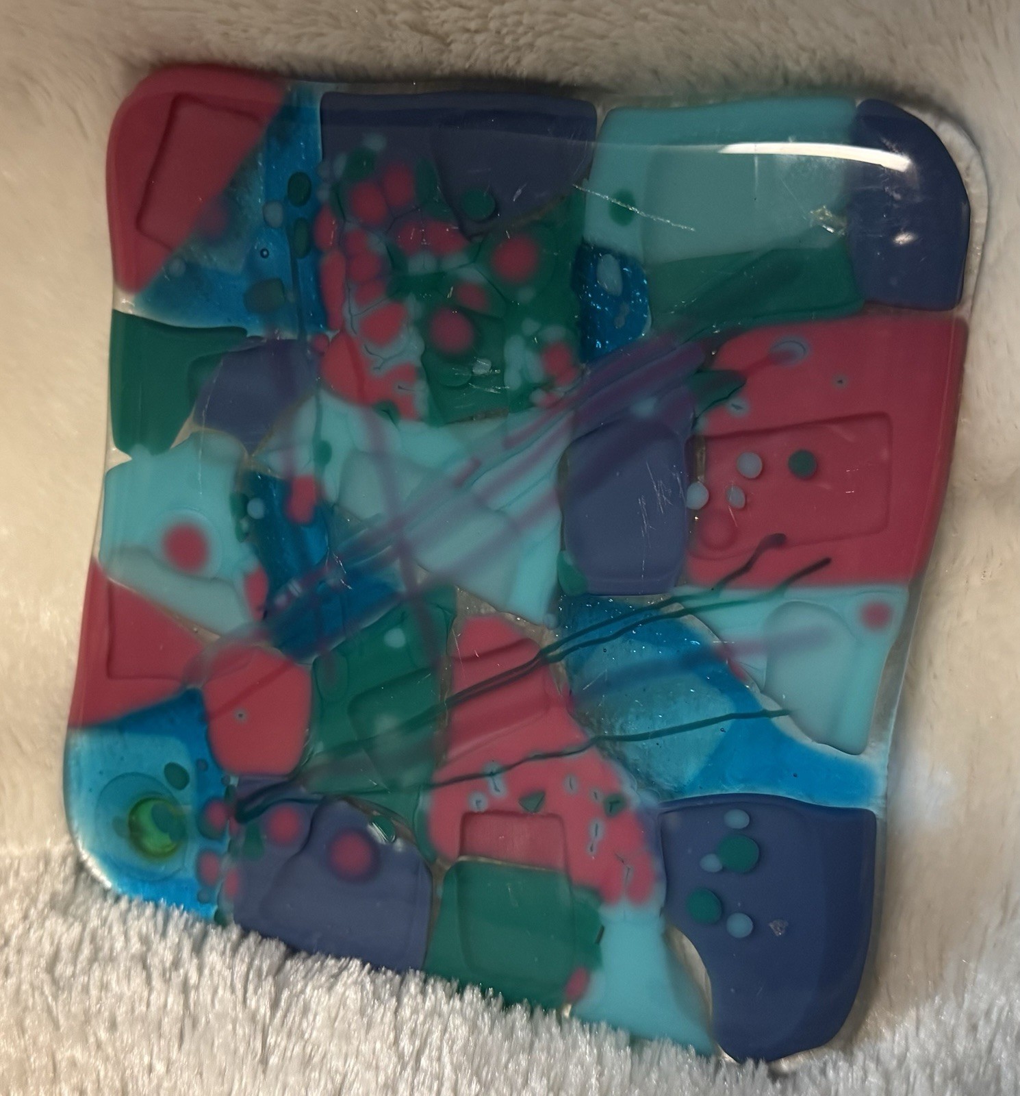 Fused Art Glass Square Candle Holder, Trinket Catcher Coaster Patchwork Colorful