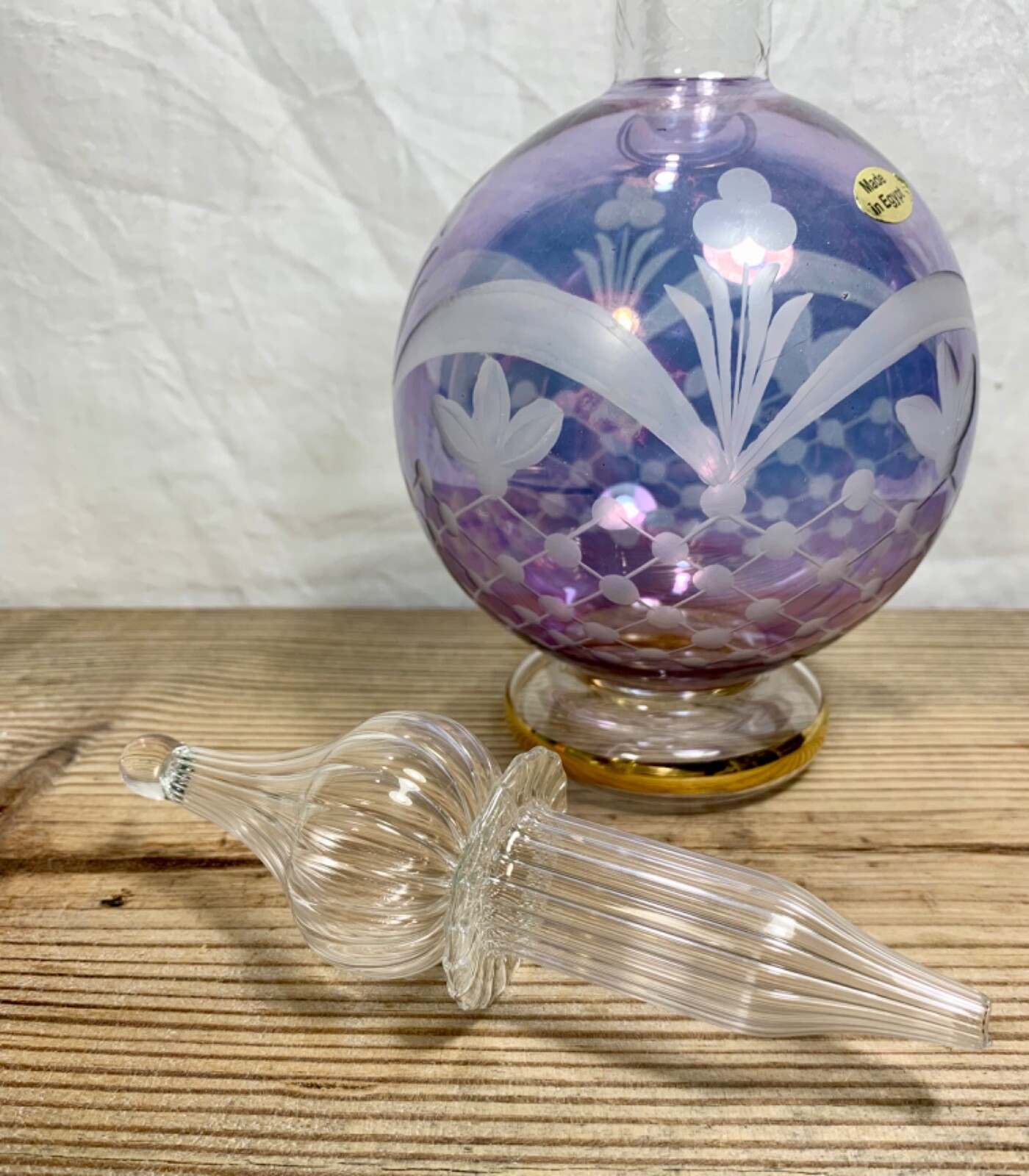Vintage Art Glass 9” Genie Decanter Purple Etched Gold Trim pedestal w stopper