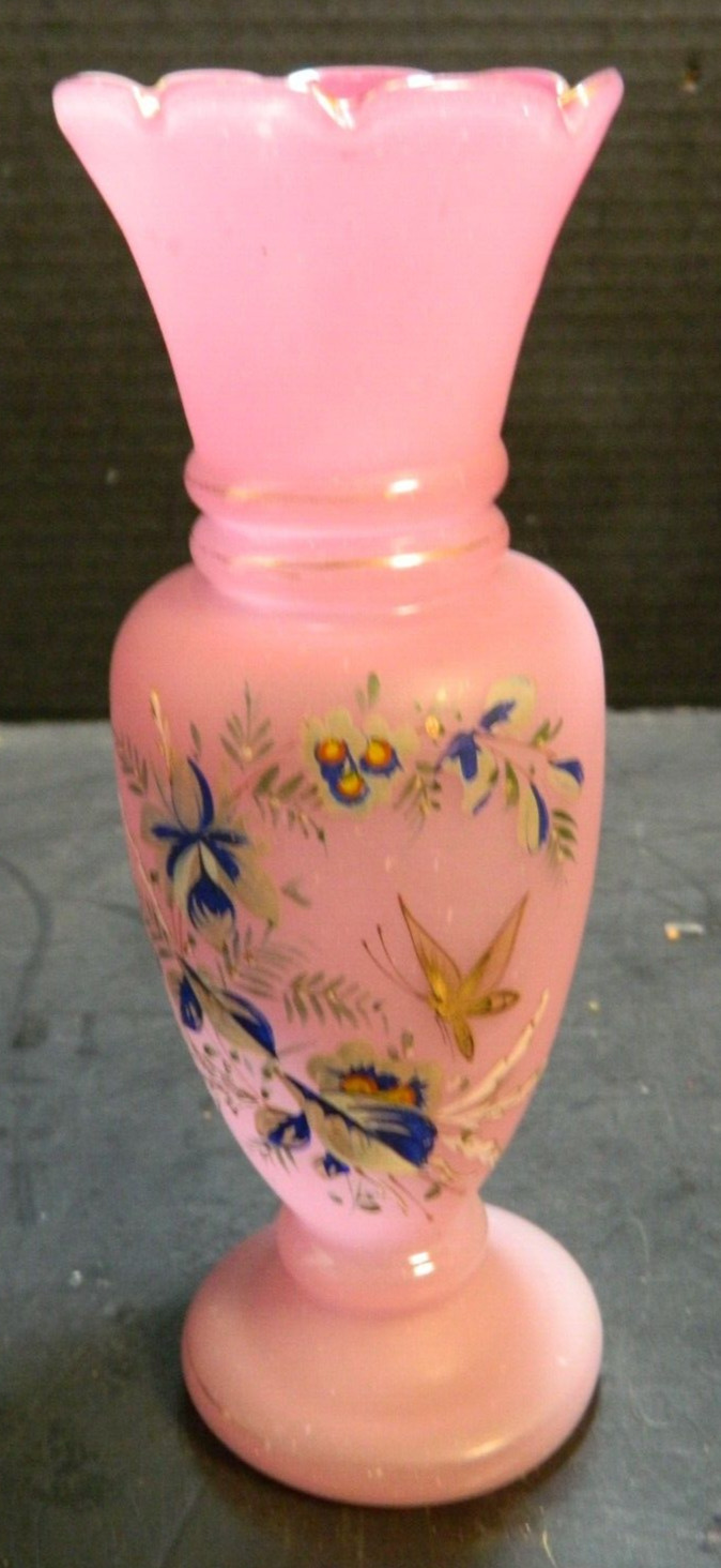 Antique Gilded Pink Bristol Floral Butterfly Vase 7.63″ x2.63″ x 2.63″ Very Good
