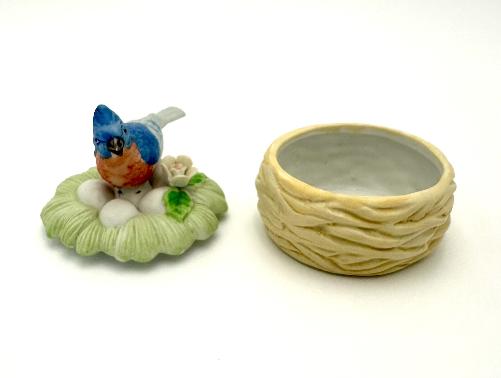 Vintage Blue Bird Robin In Nest Eggs Trinket Dish Jewelry Box Porcelain 3”