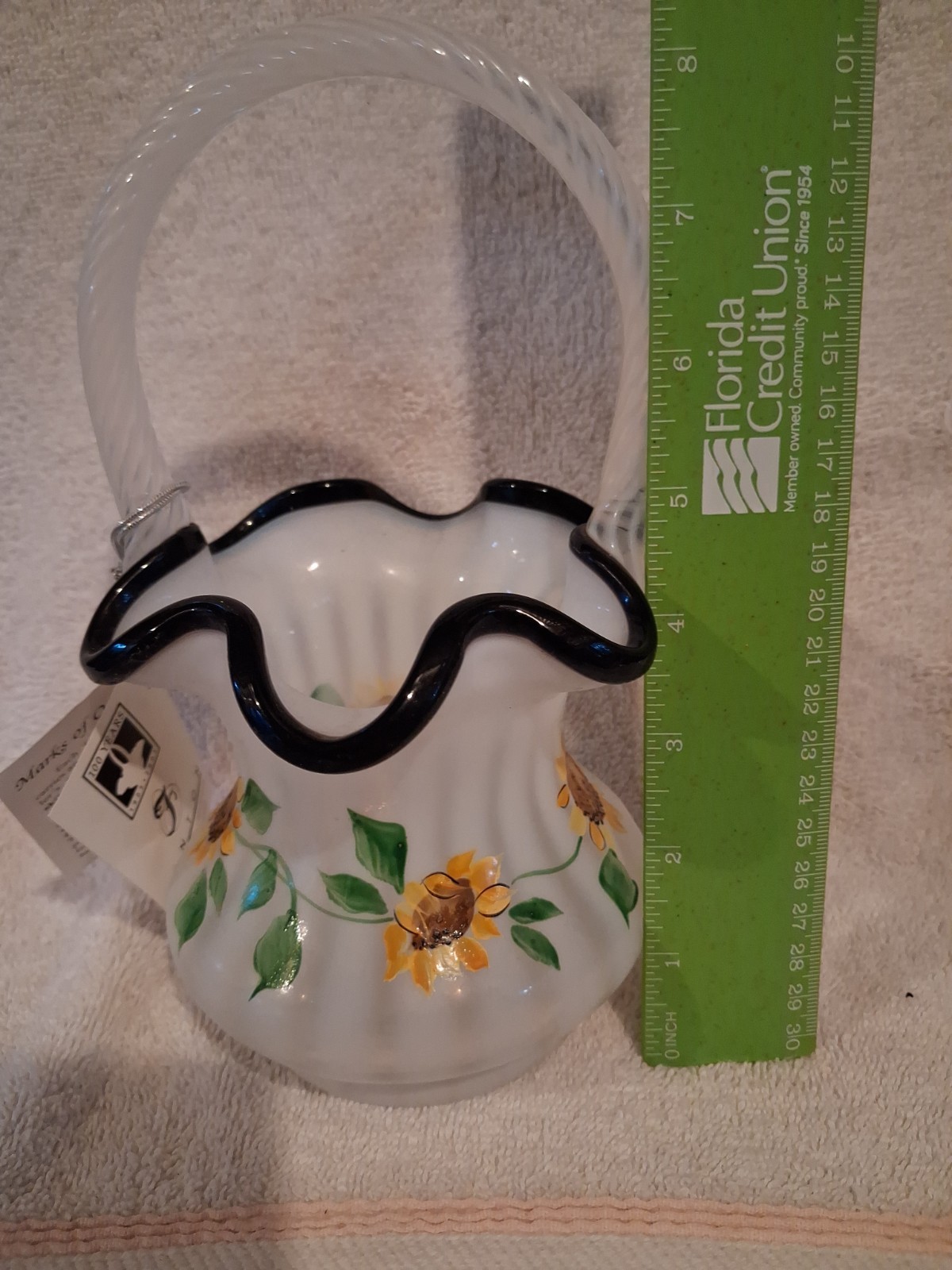 FENTON 100TH ANN Optic Glass Basket SEAN SIGNATURE 2005 Sunflowers Bee