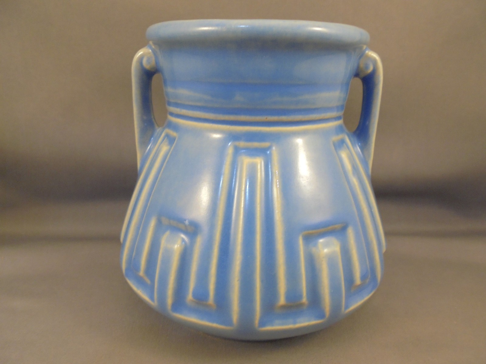 Vintage Early Roseville Pottery Art Deco Blue Glaze Handled Vase 4 1/4″