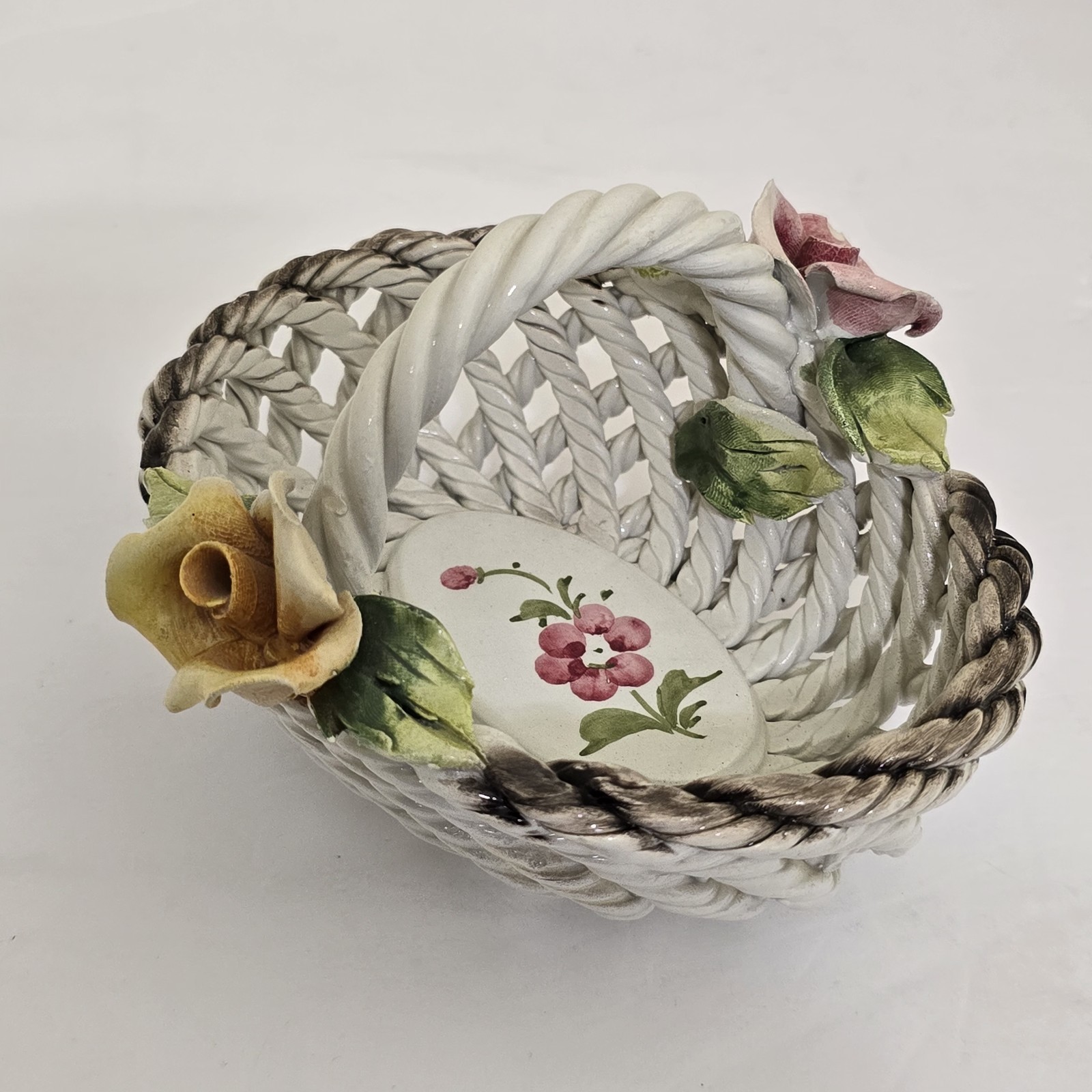 vintage CAPODIMONTE Porcelain Floral Basket Italian Made Trinket Tray White