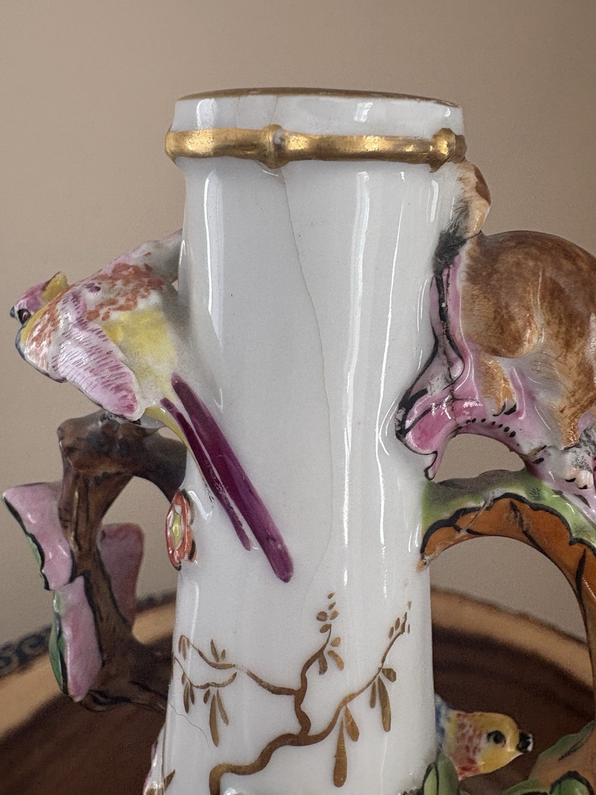Antique Continental Porcelain Vase Figural Birds Squirrels Gilt