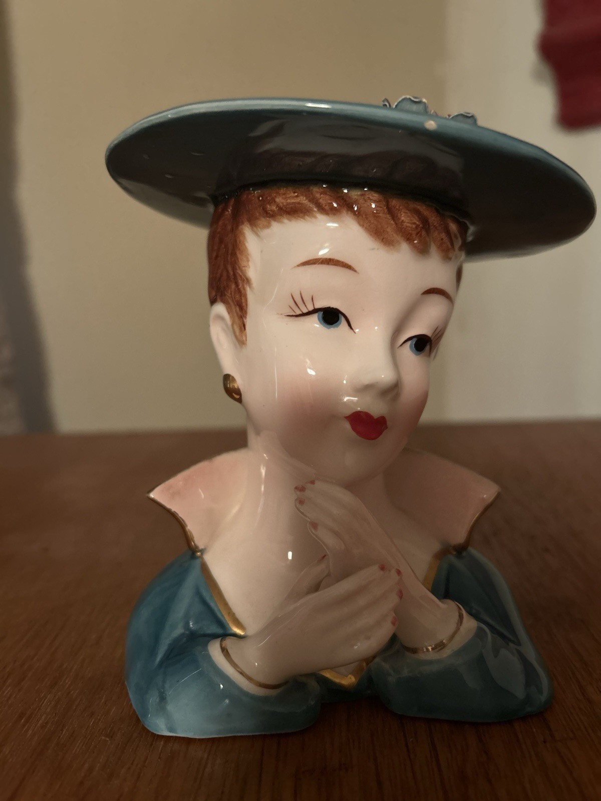 Vintage Lefton Lady Head Vase 70565 Green Hat Pink Roses Sophisticated 5”