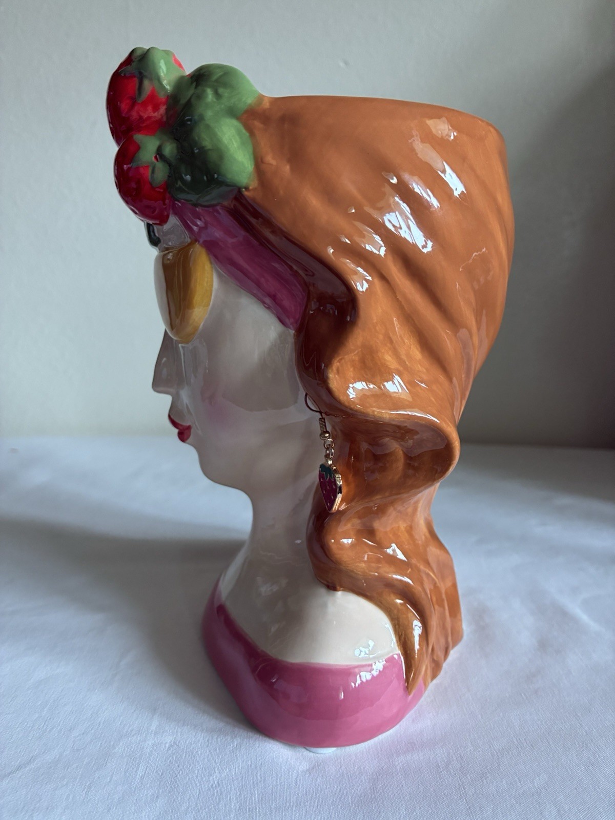 Strawberry Lady Head Ceramic Vase Planter with Yellow Sunglasses & Earrings