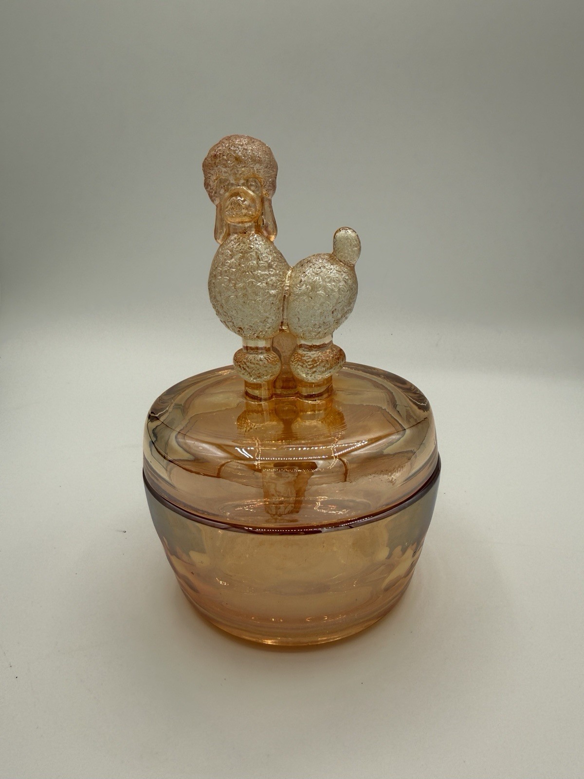 Vtg 40’s Jeanette Iridescent Carnival Glass Poodle Powder Box/Trinket/Candy Dish