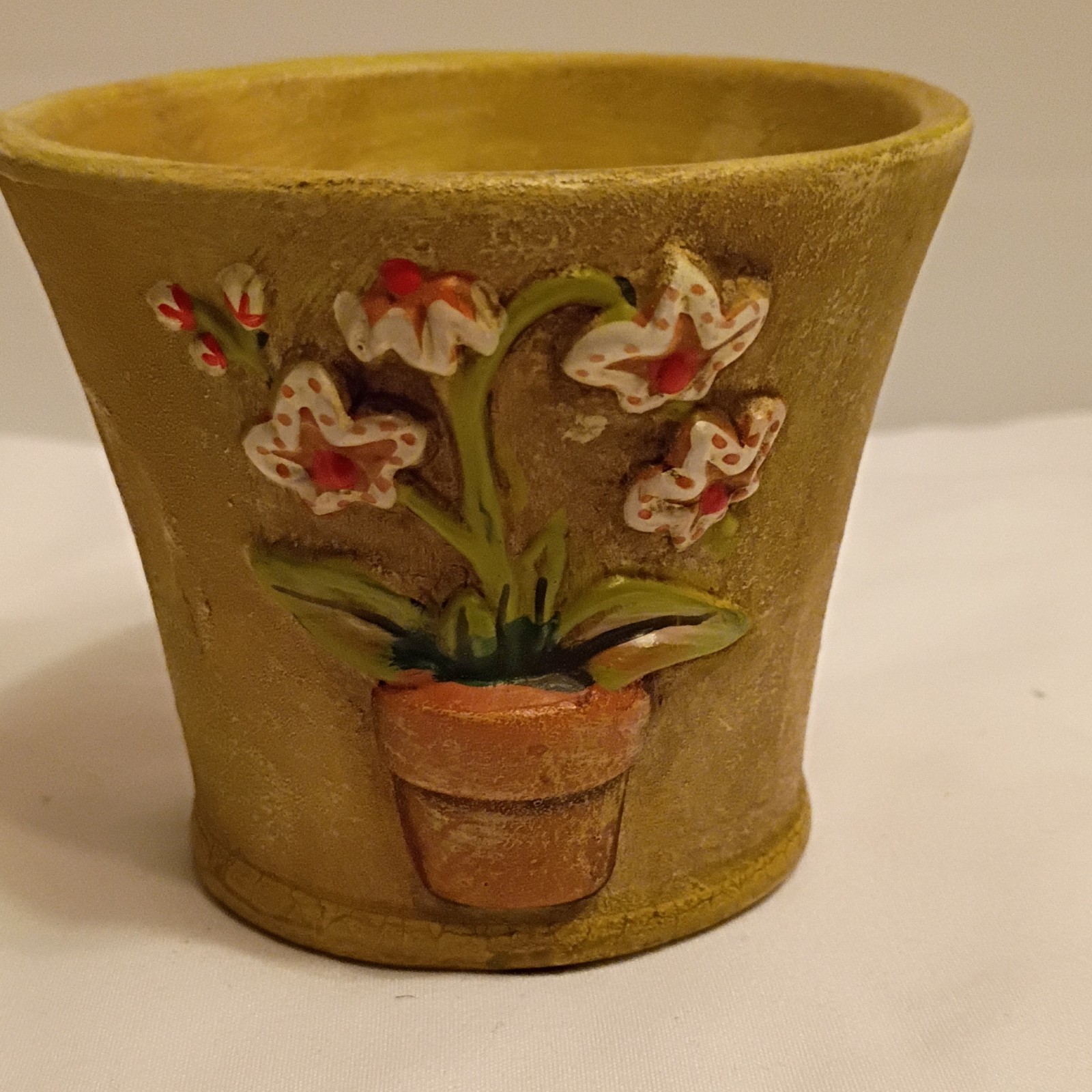 PartyLite Ceramic Floral Round Planters Set of 3 Yellow Brown Green Red White
