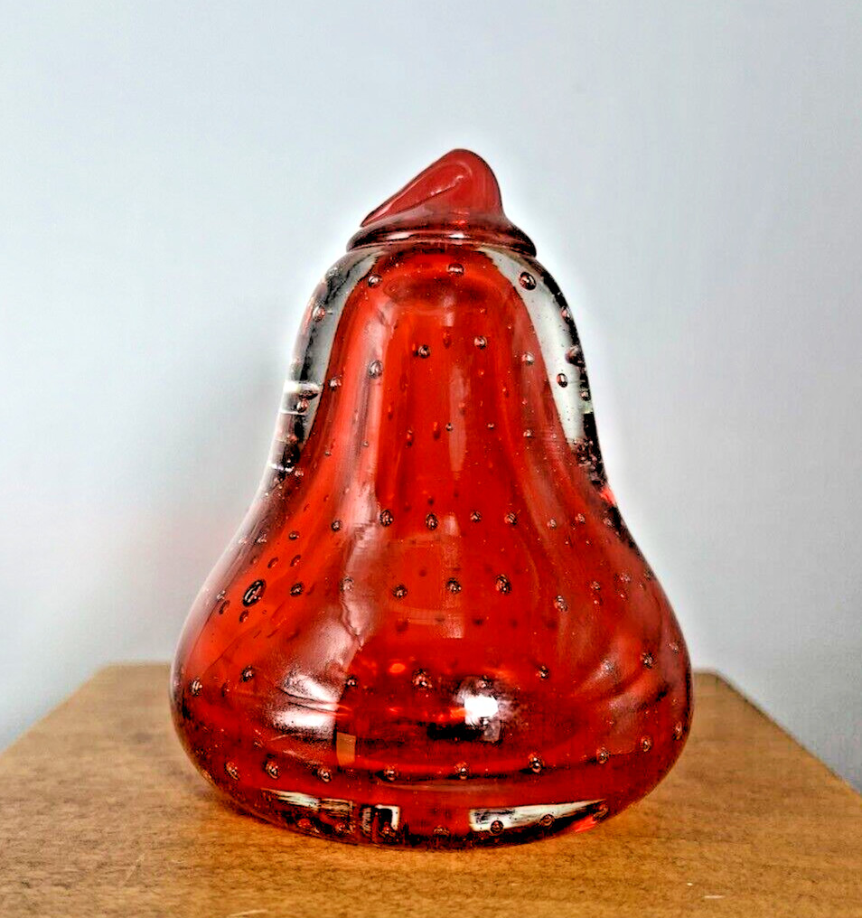 Glass Pear Fruit Controlled Bubble Bulicante Paperweight West Germany Cadmium