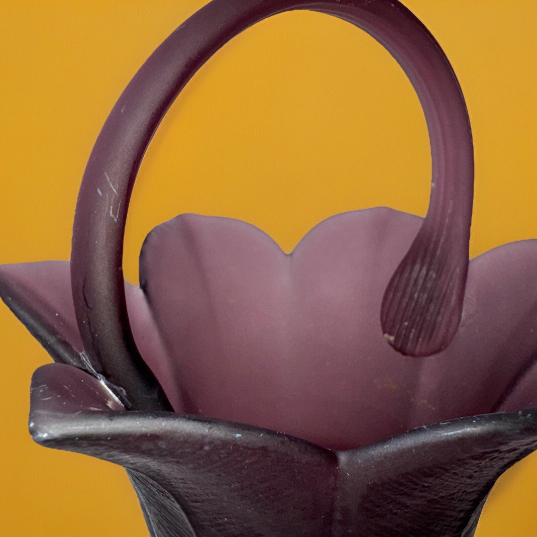 Vintage Purple Flower Petals Leaves Matte Finished Satin Art Glass Basket Vase