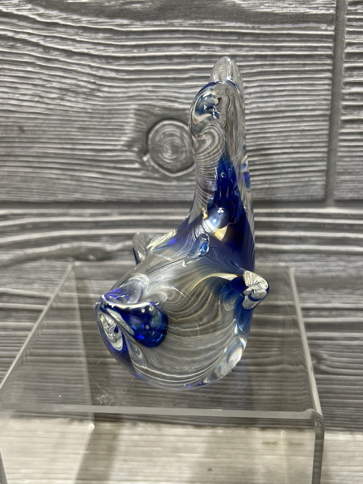 Duck Figurine Paperweight Art Glass Blue White Clear 3.75” Desk Shelf Accessory