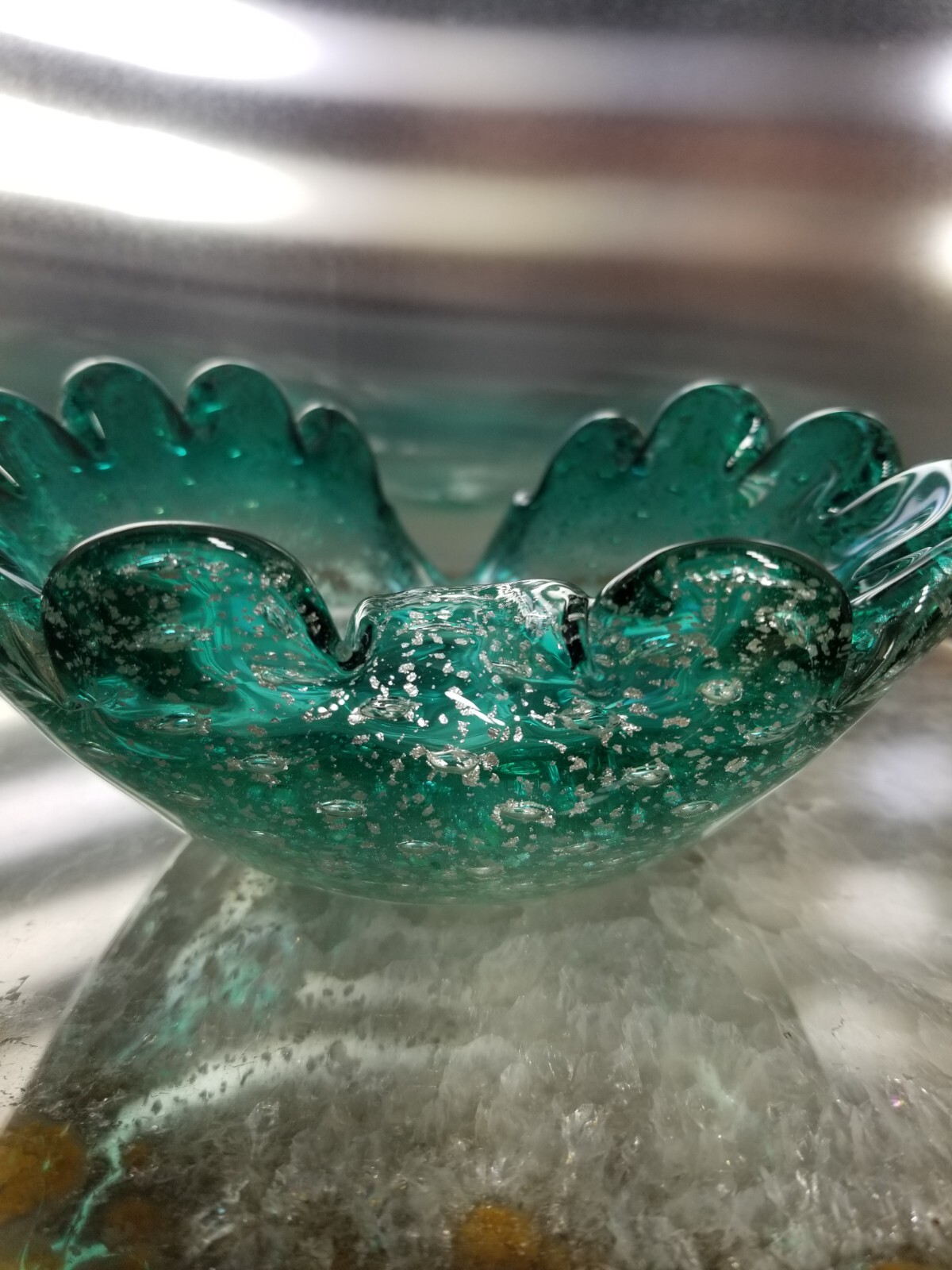 Vintage Murano Glass * Ashtray Bowl * Teal Blue * Silver Aventurine * 7″ * 0419