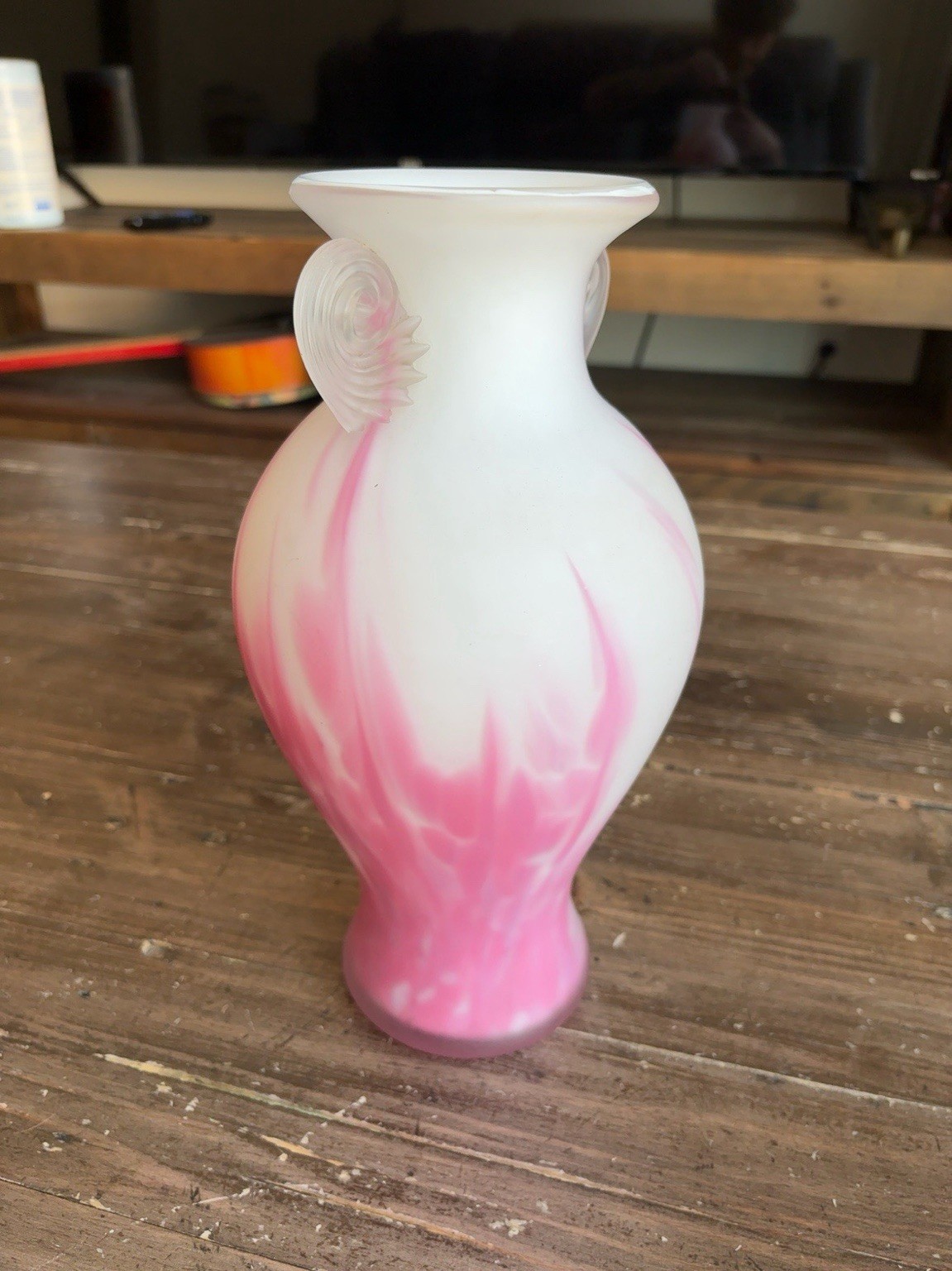 Vintage Kamei Osaka Art Glass Vase 12” Pink White Swirl Frosted Handles