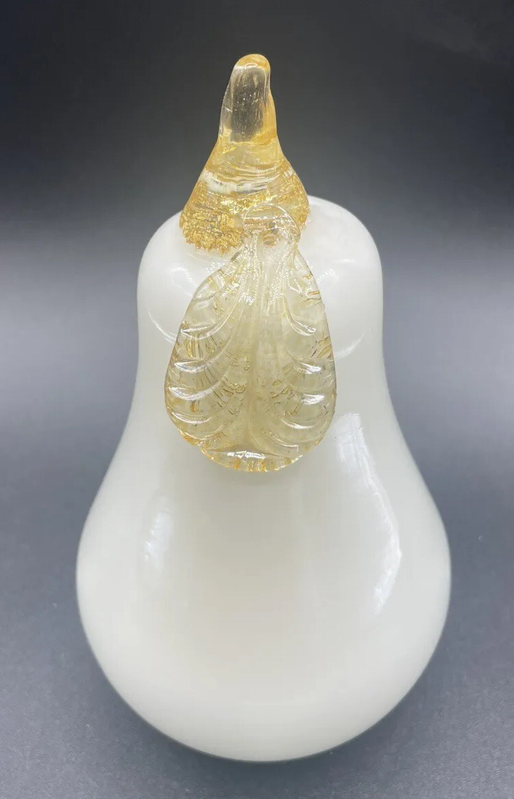 Art Glass Hand Blown Paperweight White Gold Pear