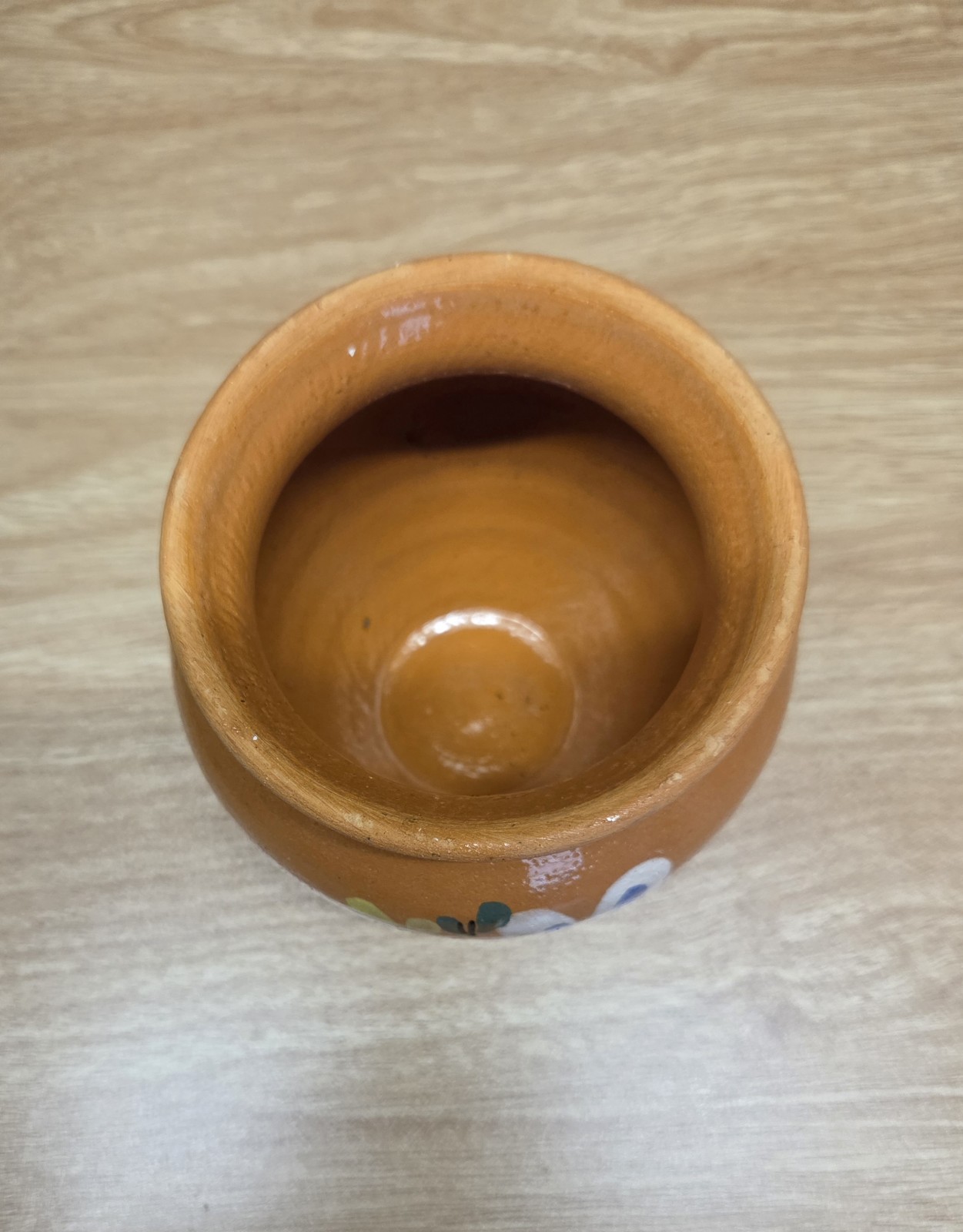 Glazed Redware Vase Pot Hand Made & Painted Flower & Butterfly Signed 4″T