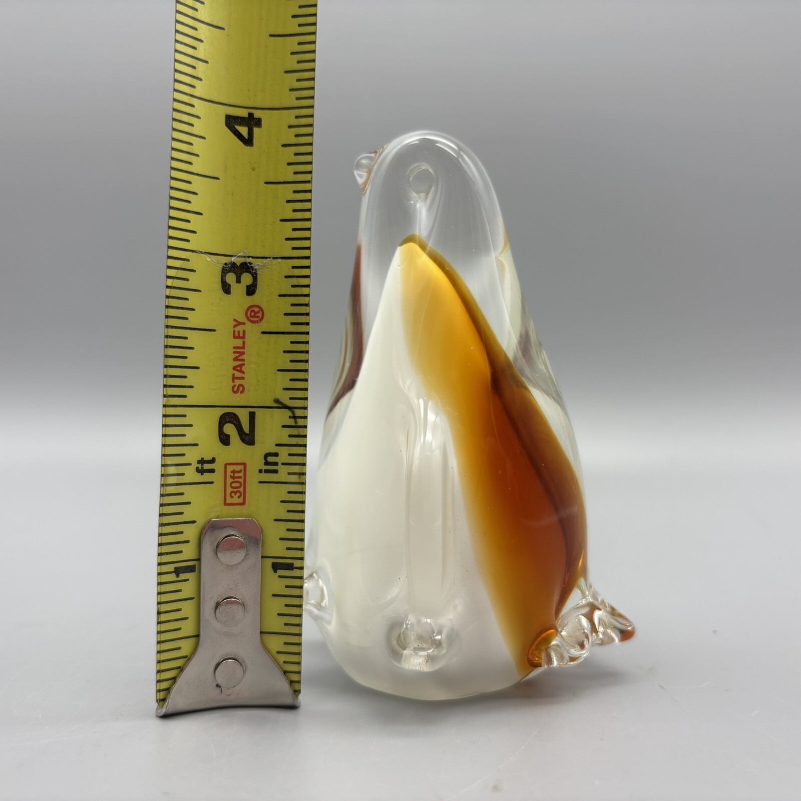 Vintage Amber & white Penguin chick hand fused art glass 4″ tall figurine statue