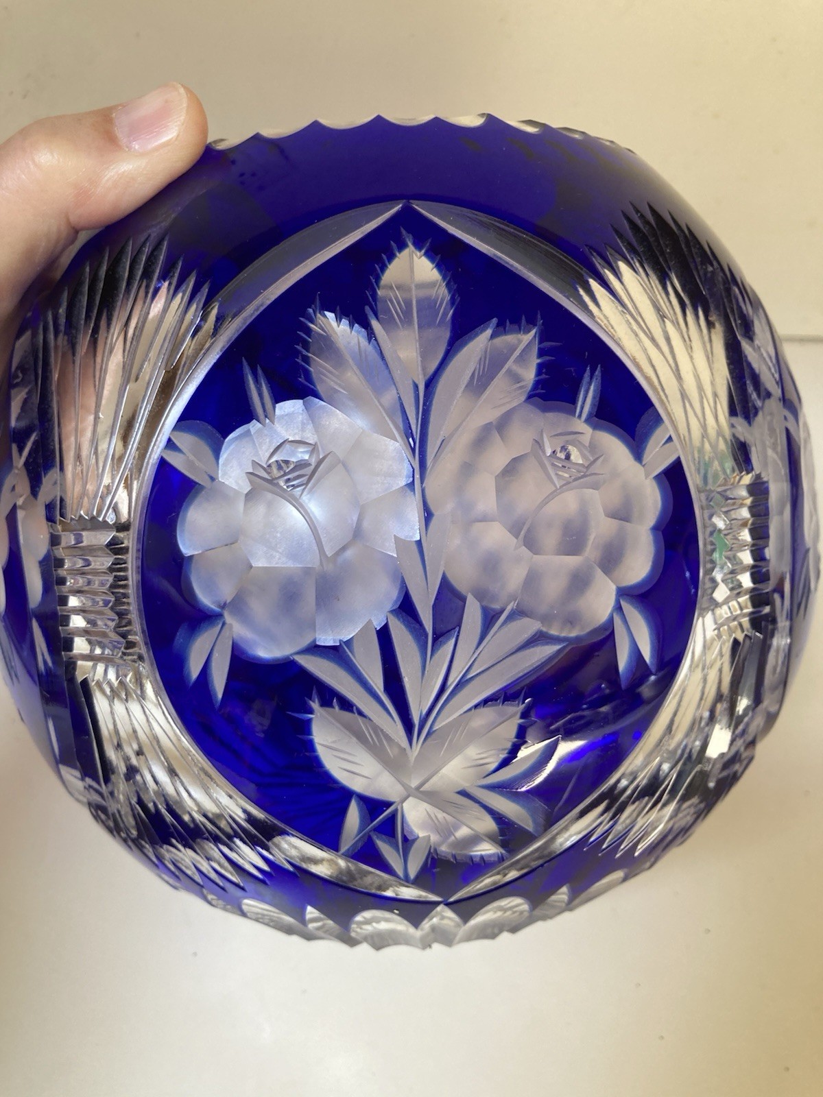 Vintage Bohemian Czech Cobalt Blue Cut to Clear Crystal Large Rose Bowl 7” Vase