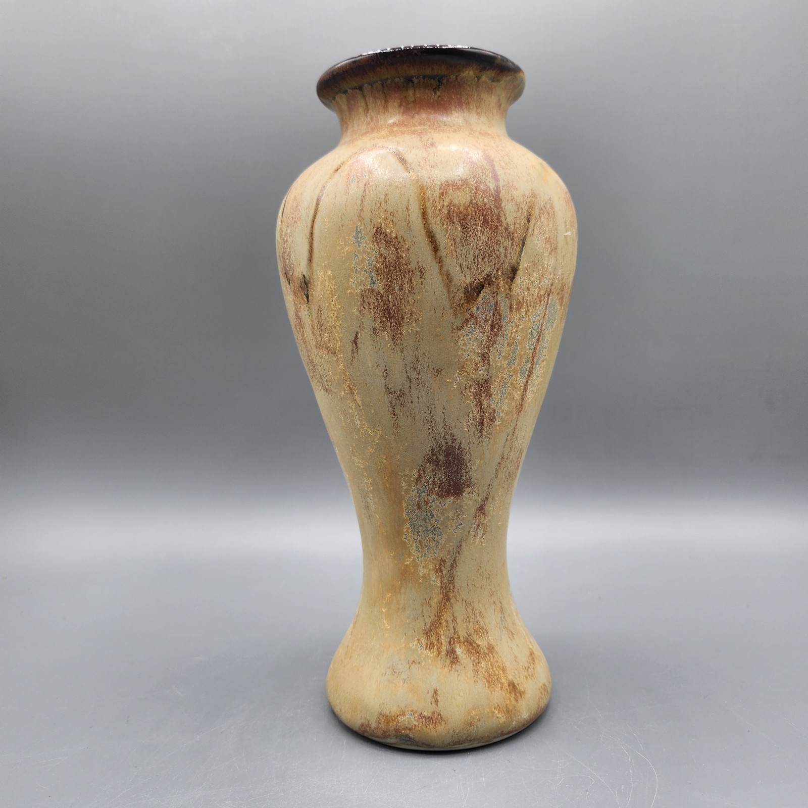 Vintage Signed Stoneware Art Pottery Vase Tan Brown Drip Glaze