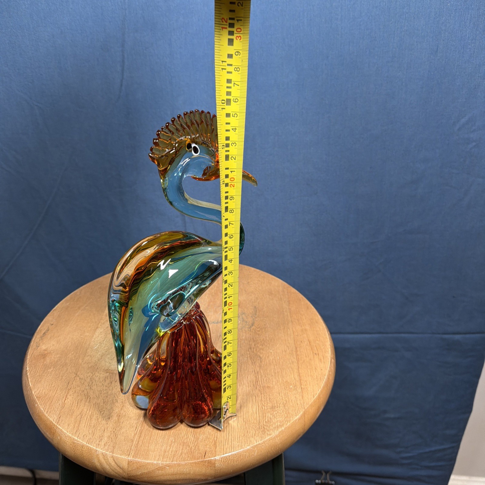 Vintage Murano Style Glass Heron Bird Green Amber Gold Crest 10”