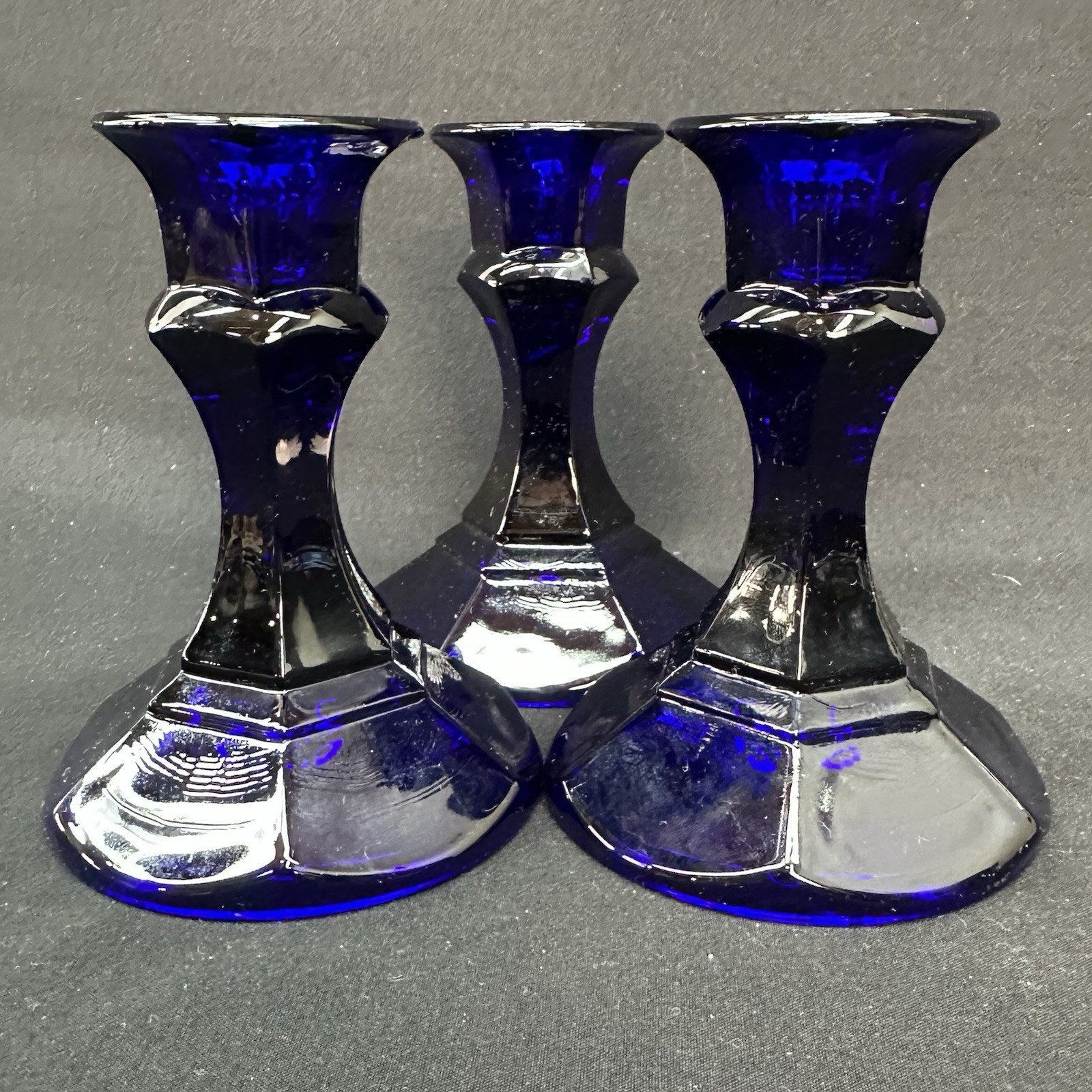 American Stemware ‘Latrobe’ 4″ Cobalt Blue Glass Candle Stick Holders, Set Of 3