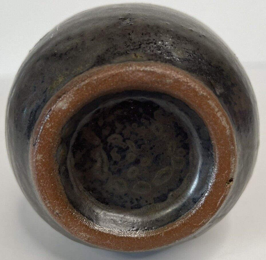 Art Pottery Bud Vase Hand Made Hand Painted Brown, Rust & Blue Glaze Rustic MCM