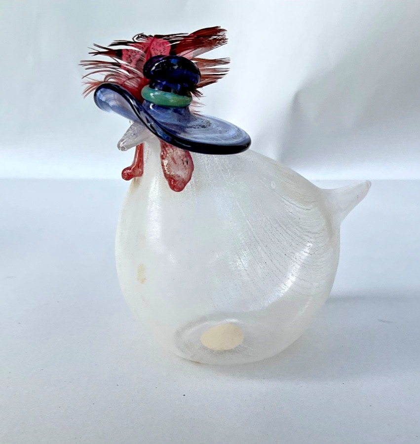 Vintage Rene Burri Hand Blown Glass” Chicken Wearing Hat” Switzerland